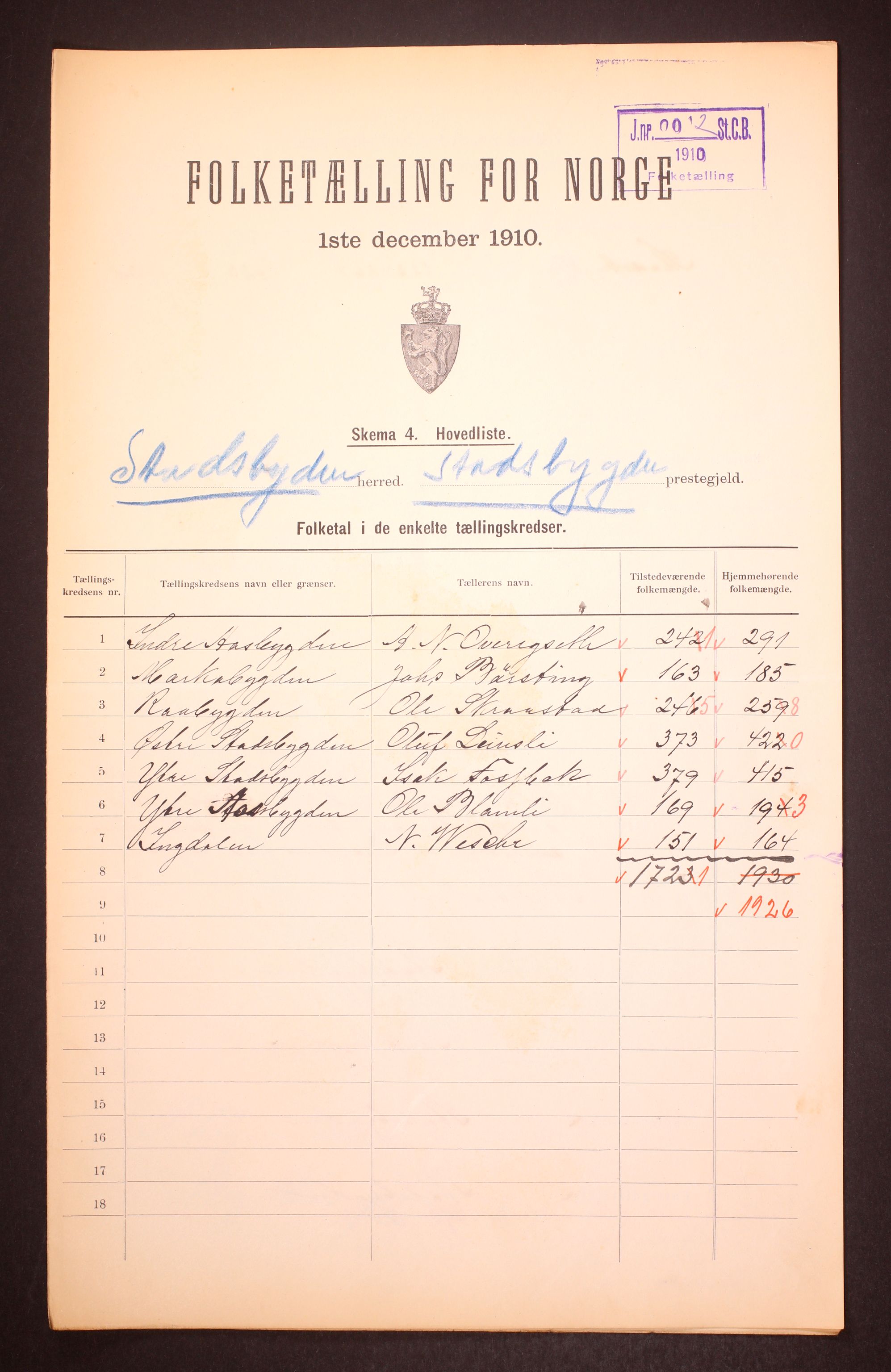 RA, 1910 census for Stadsbygd, 1910, p. 2