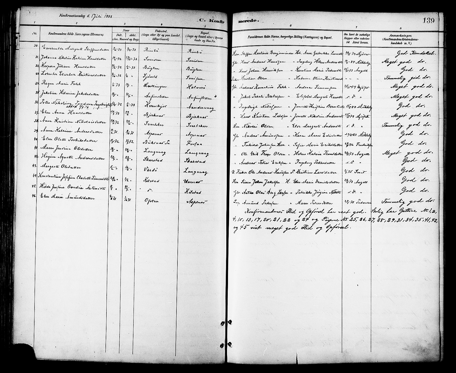 Ministerialprotokoller, klokkerbøker og fødselsregistre - Nordland, AV/SAT-A-1459/872/L1035: Parish register (official) no. 872A10, 1884-1896, p. 139