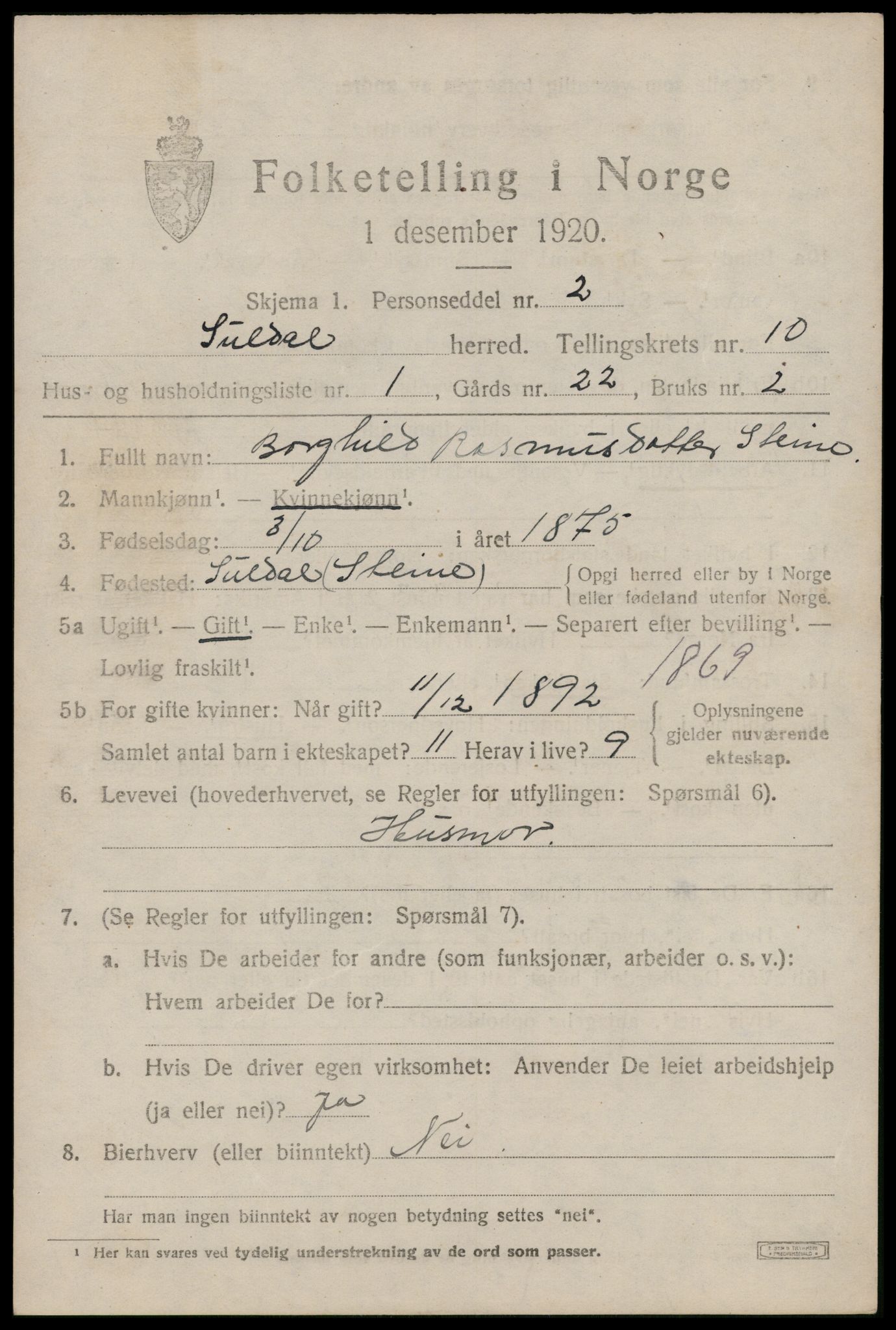 SAST, 1920 census for Suldal, 1920, p. 2706