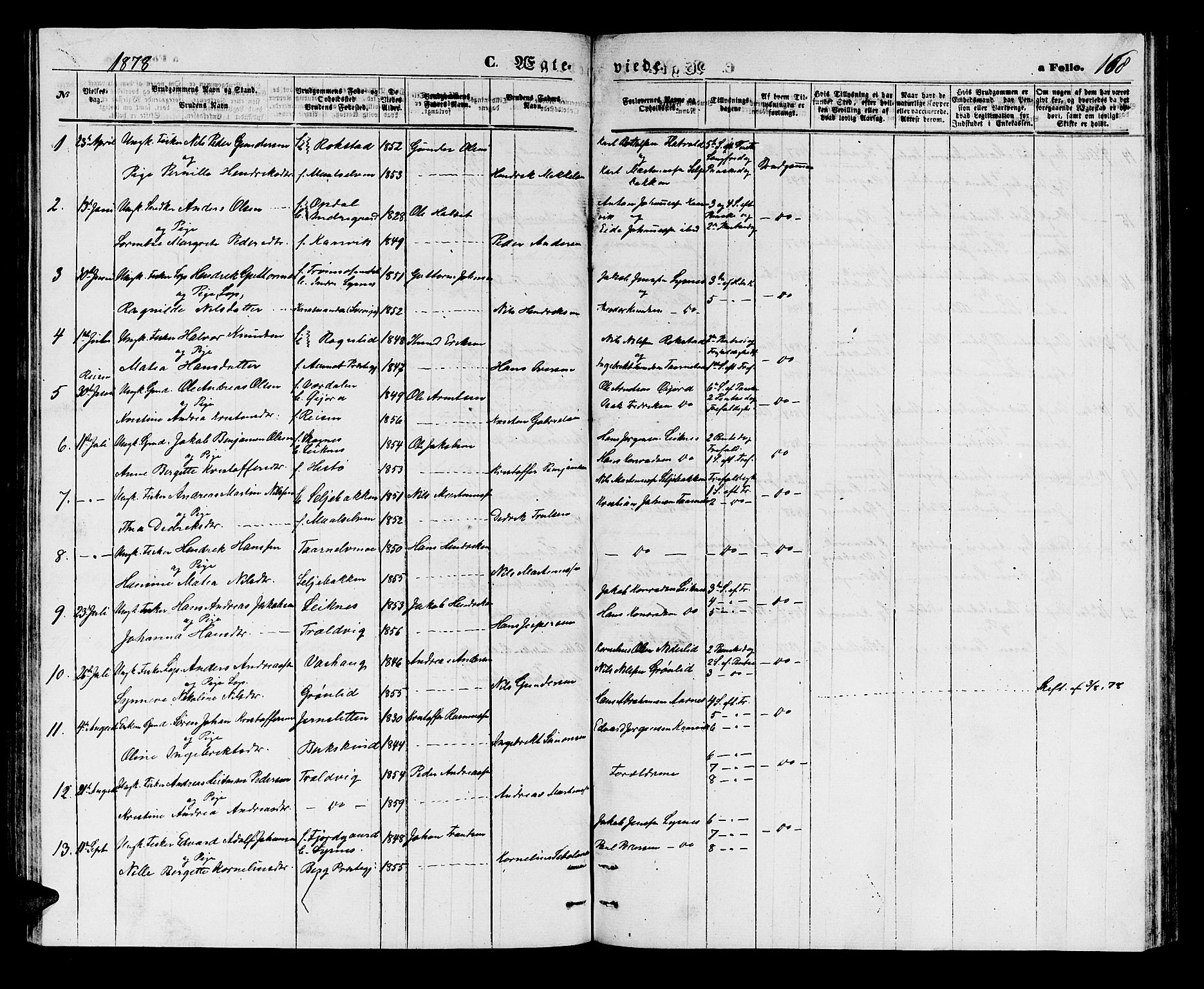 Lenvik sokneprestembete, SATØ/S-1310/H/Ha/Hab/L0005klokker: Parish register (copy) no. 5, 1870-1880, p. 168