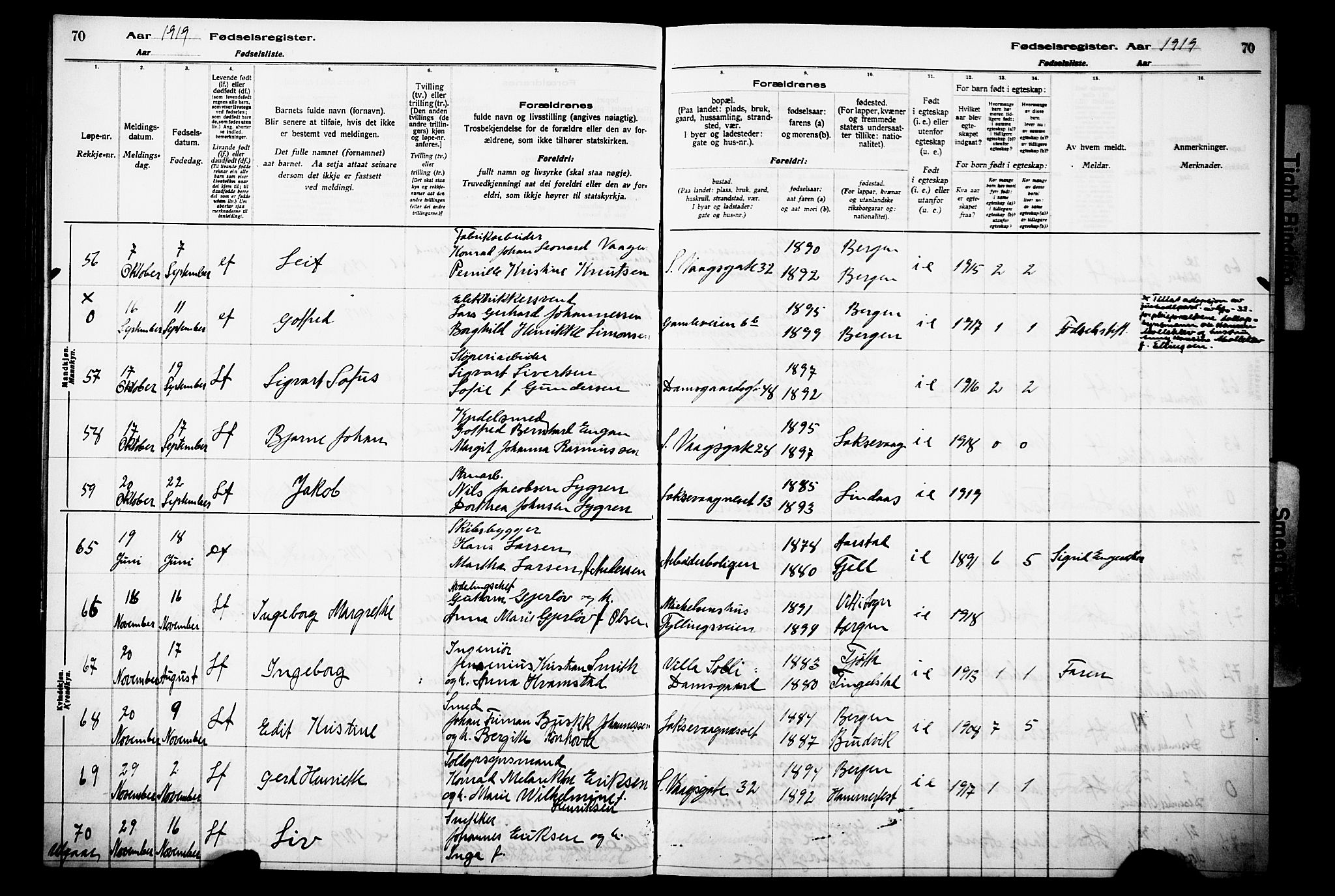 Laksevåg Sokneprestembete, AV/SAB-A-76501/I/Id/L00A1: Birth register no. A 1, 1916-1926, p. 70