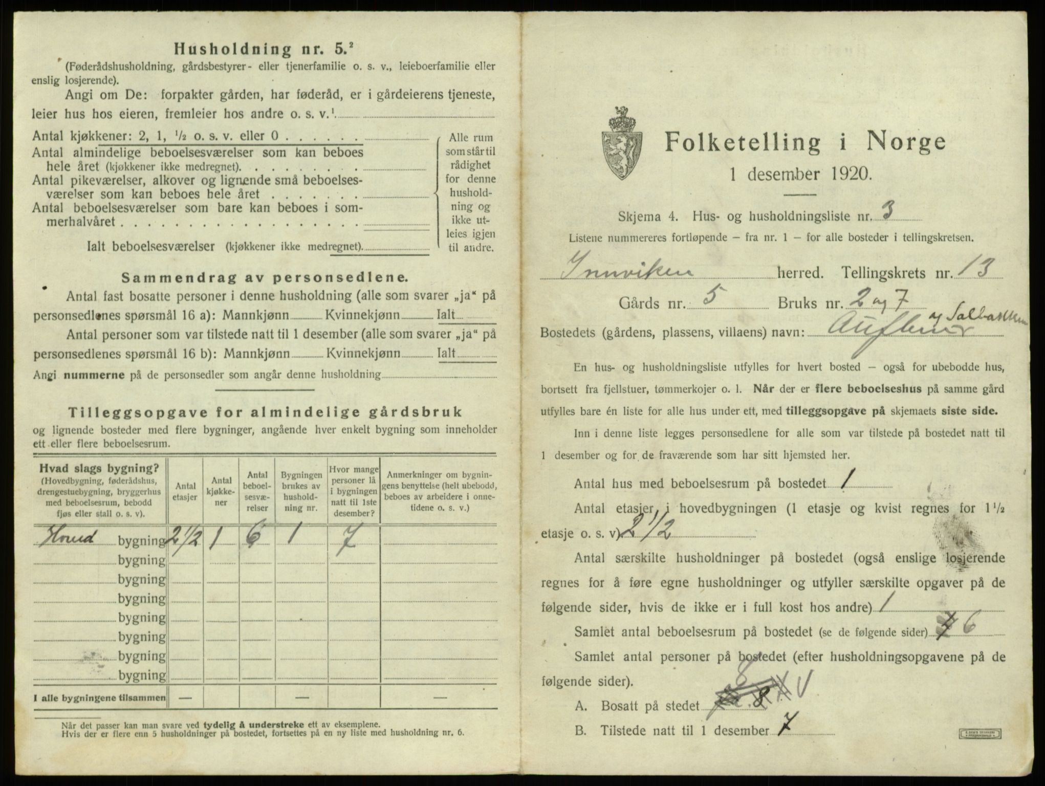 SAB, 1920 census for Innvik, 1920, p. 739