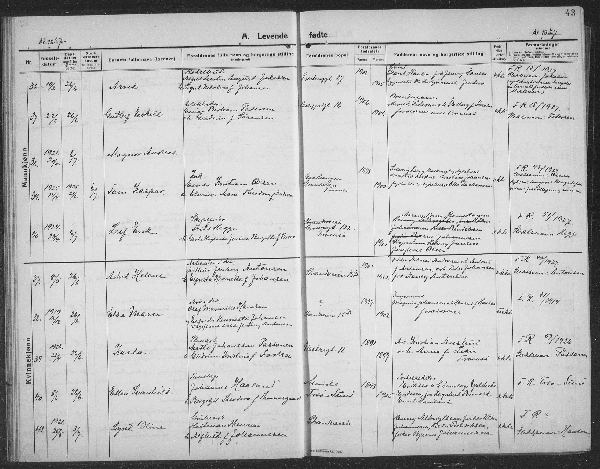 Tromsø sokneprestkontor/stiftsprosti/domprosti, SATØ/S-1343/G/Gb/L0010klokker: Parish register (copy) no. 10, 1925-1937, p. 43
