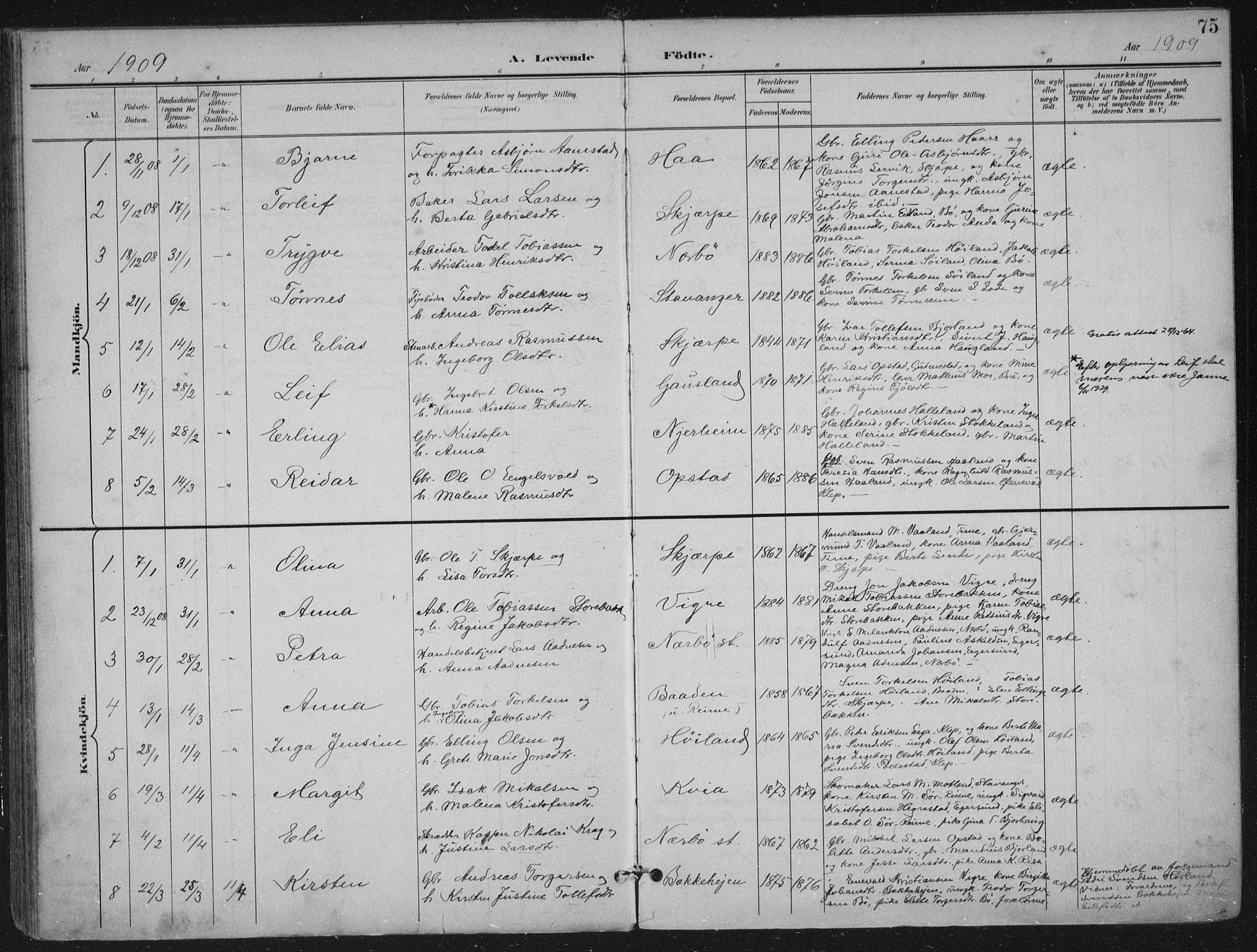 Hå sokneprestkontor, SAST/A-101801/002/B/L0001: Parish register (official) no. A 11, 1897-1924, p. 75
