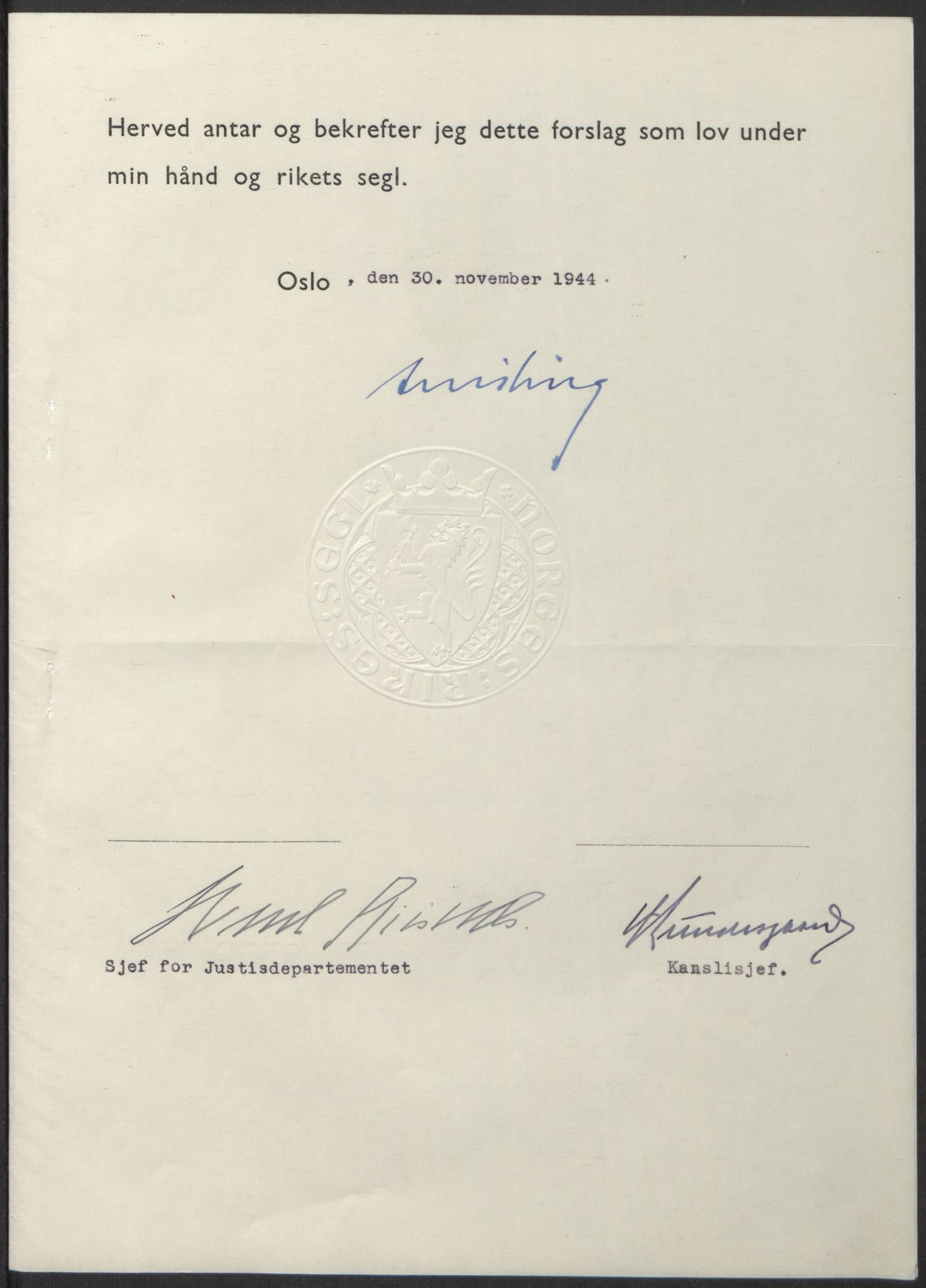 NS-administrasjonen 1940-1945 (Statsrådsekretariatet, de kommisariske statsråder mm), AV/RA-S-4279/D/Db/L0100: Lover, 1944, p. 585