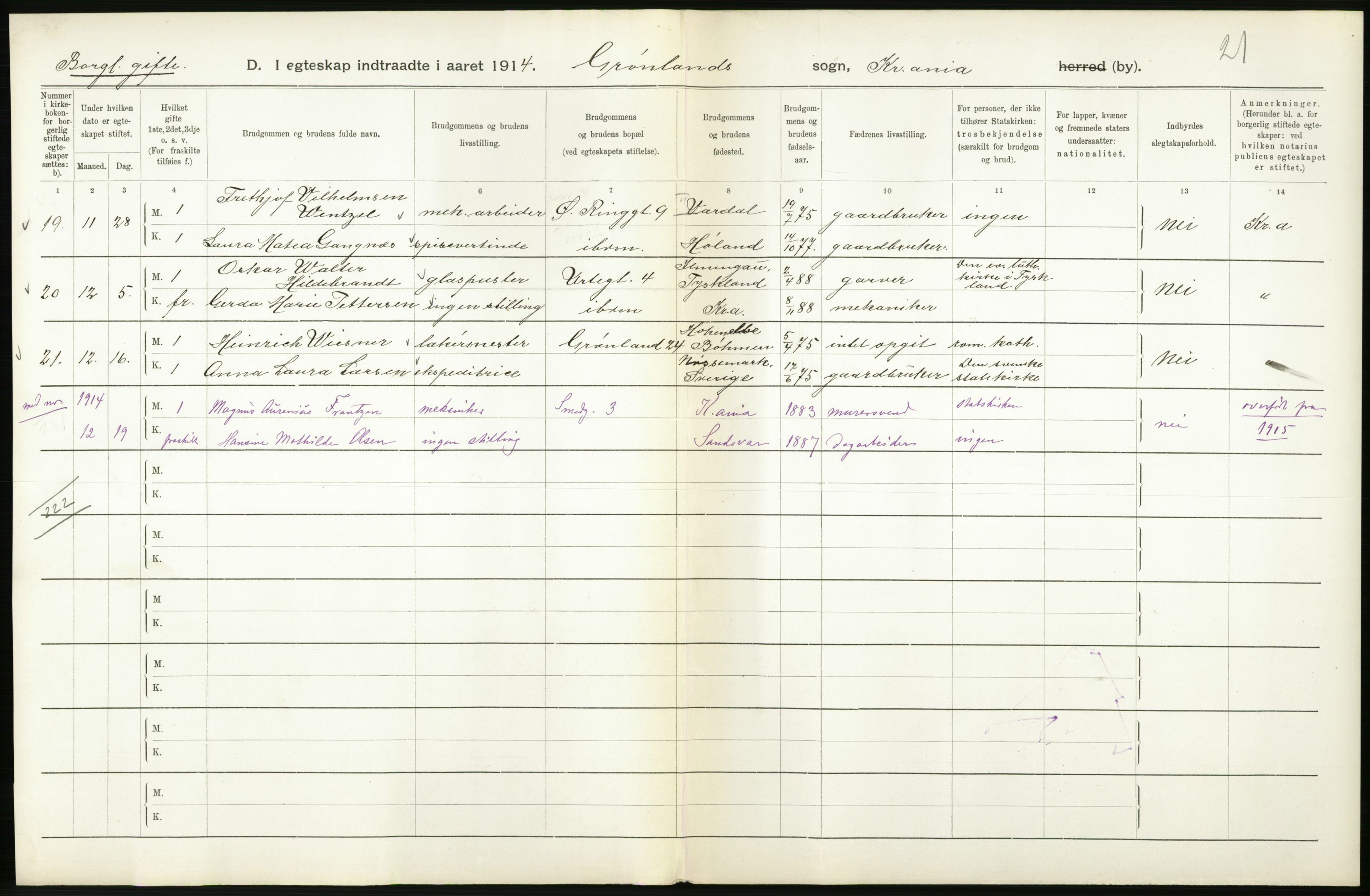 Statistisk sentralbyrå, Sosiodemografiske emner, Befolkning, RA/S-2228/D/Df/Dfb/Dfbd/L0007: Kristiania: Gifte, 1914, p. 192