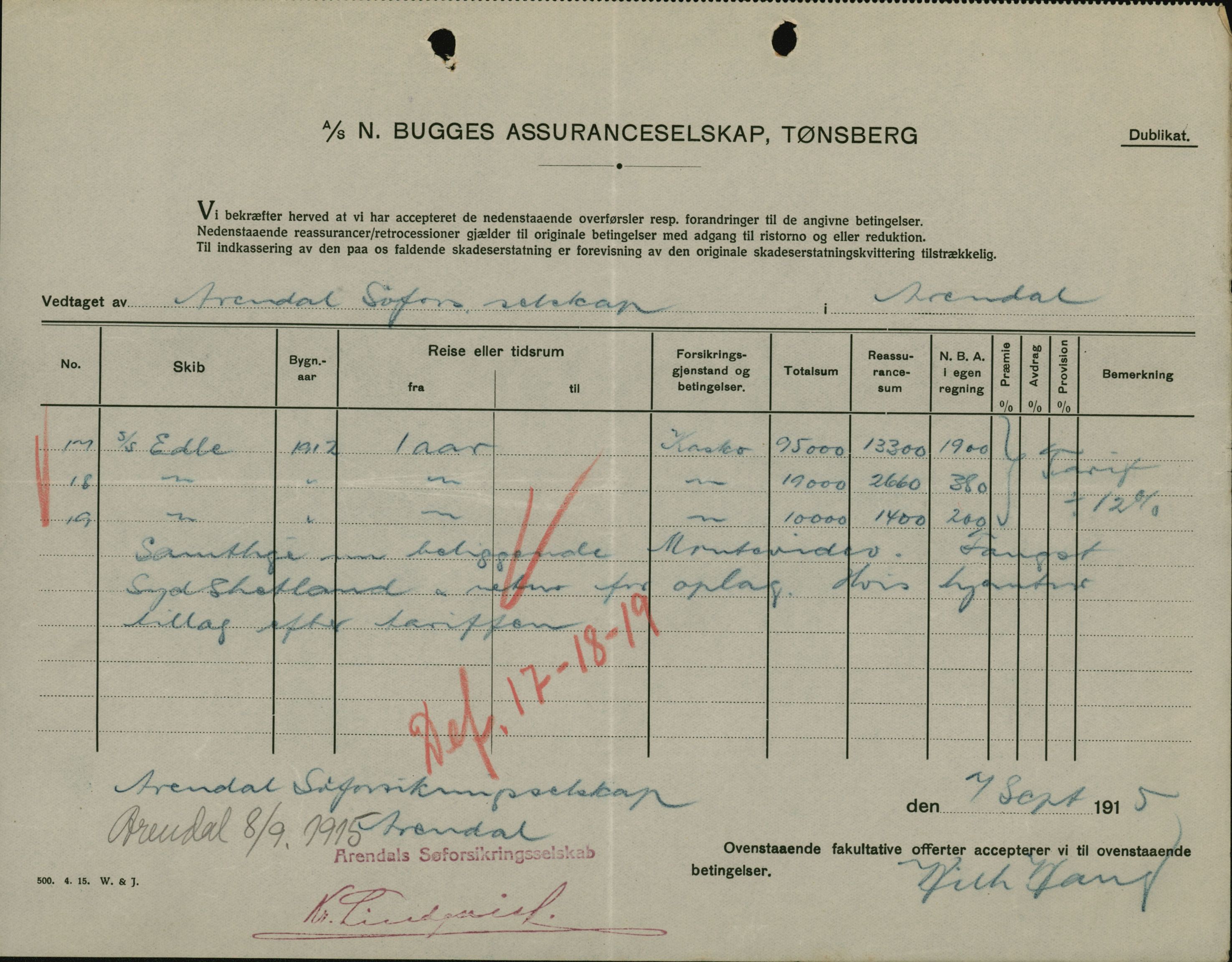 Pa 664 - Tønsberg Sjøforsikringsselskap, VEMU/A-1773/F/L0001: Forsikringspoliser, 1915-1918