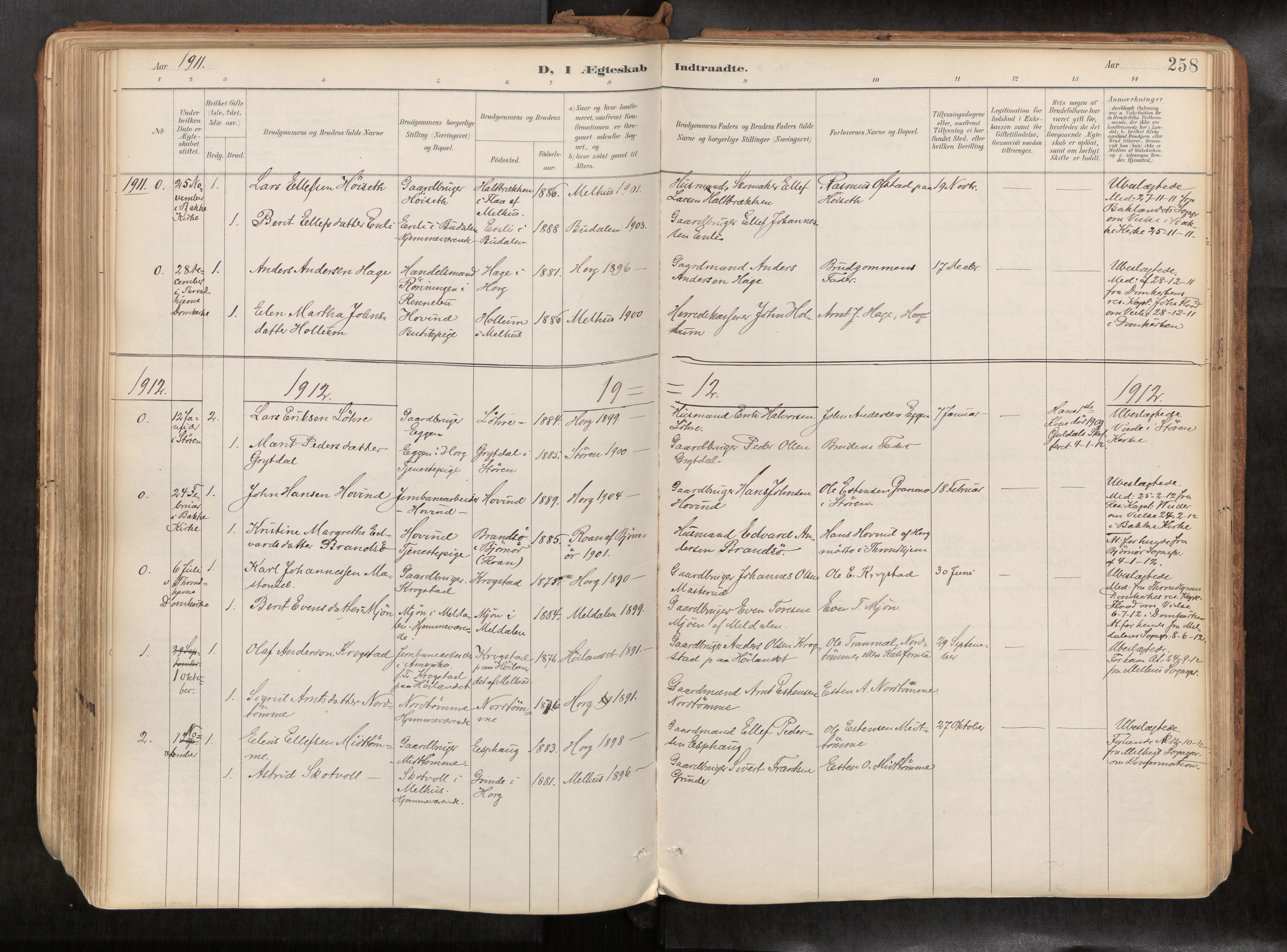 Ministerialprotokoller, klokkerbøker og fødselsregistre - Sør-Trøndelag, SAT/A-1456/692/L1105b: Parish register (official) no. 692A06, 1891-1934, p. 258