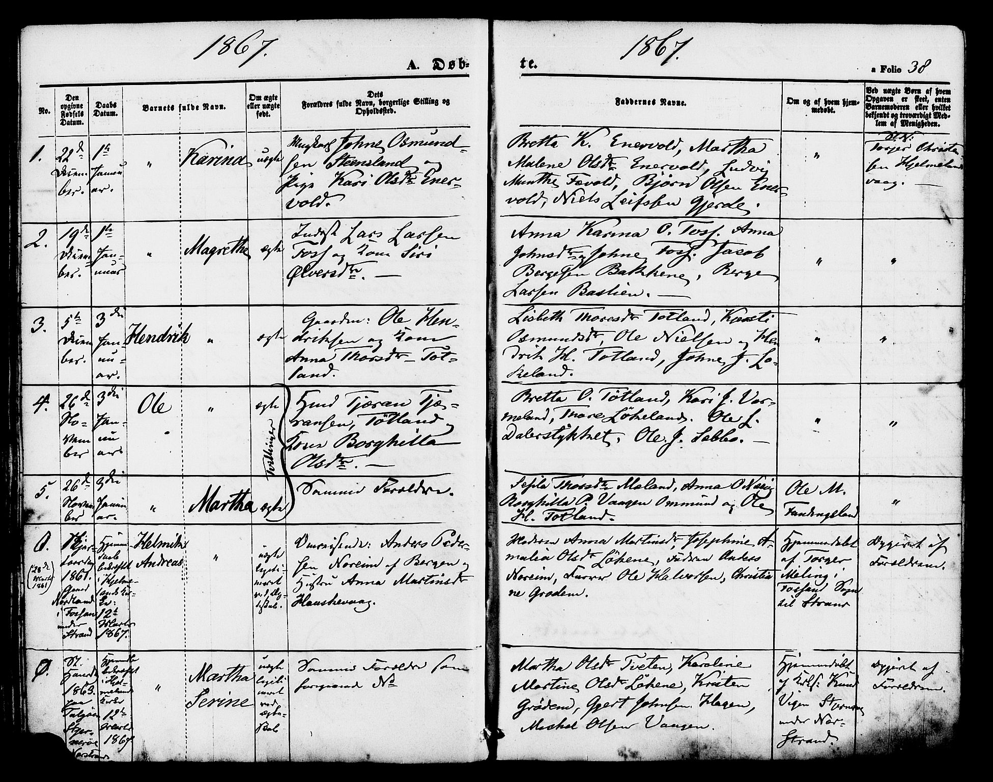 Hjelmeland sokneprestkontor, SAST/A-101843/01/IV/L0011: Parish register (official) no. A 11, 1861-1878, p. 38