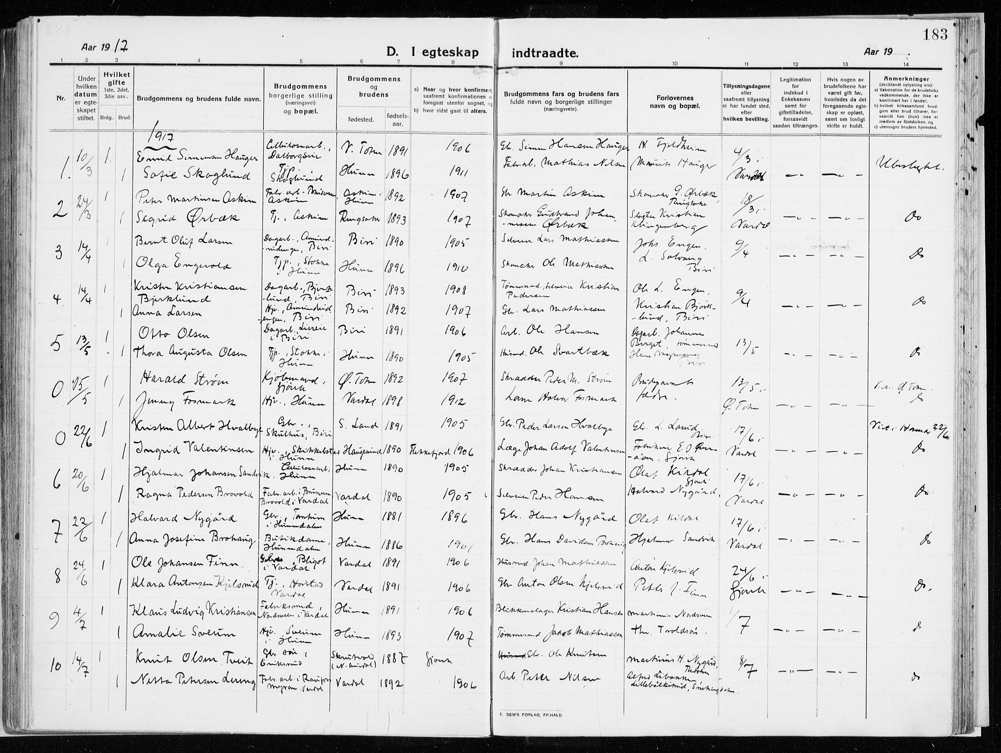 Vardal prestekontor, AV/SAH-PREST-100/H/Ha/Haa/L0017: Parish register (official) no. 17, 1915-1929, p. 183