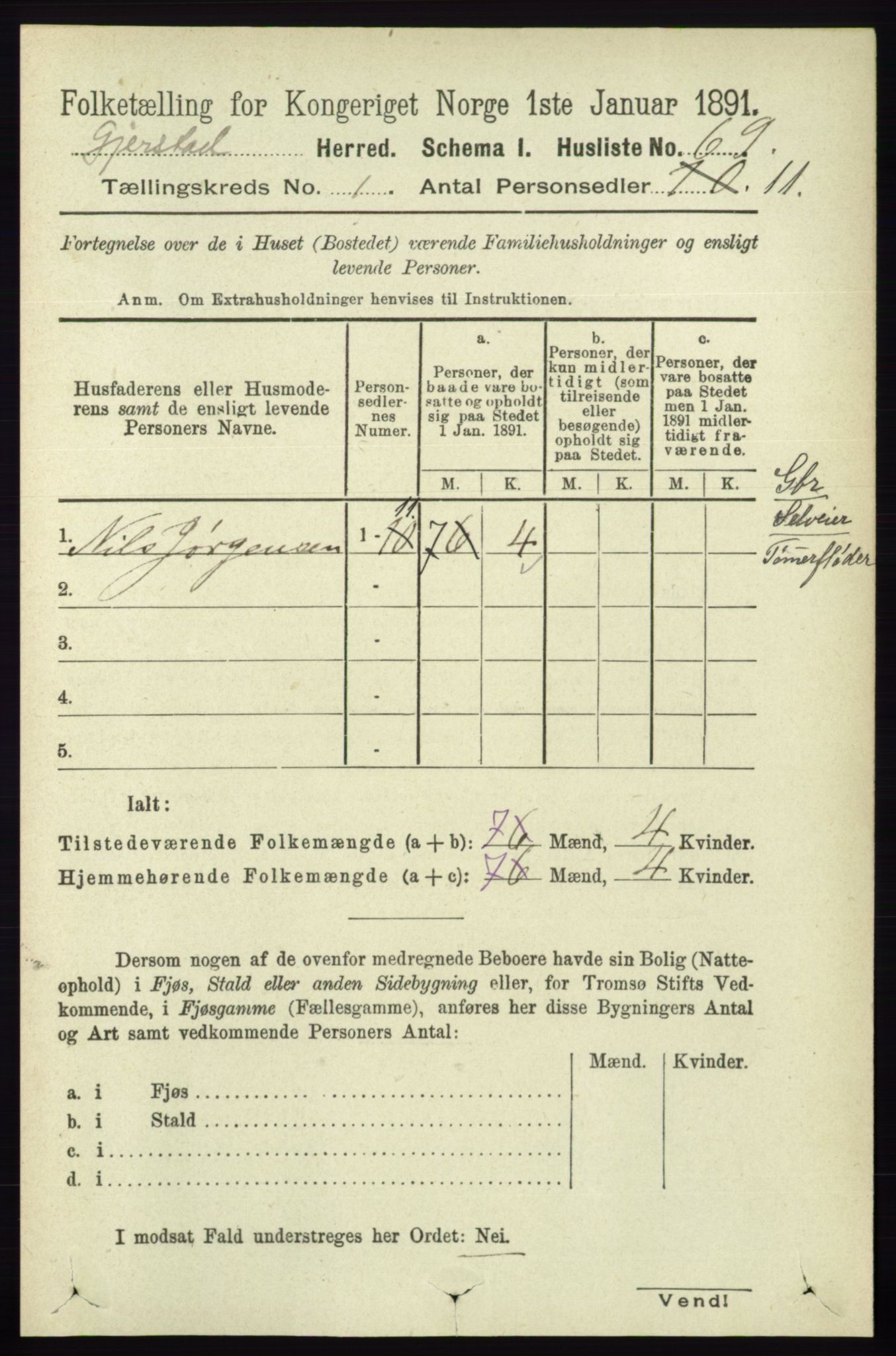 RA, 1891 census for 0911 Gjerstad, 1891, p. 90