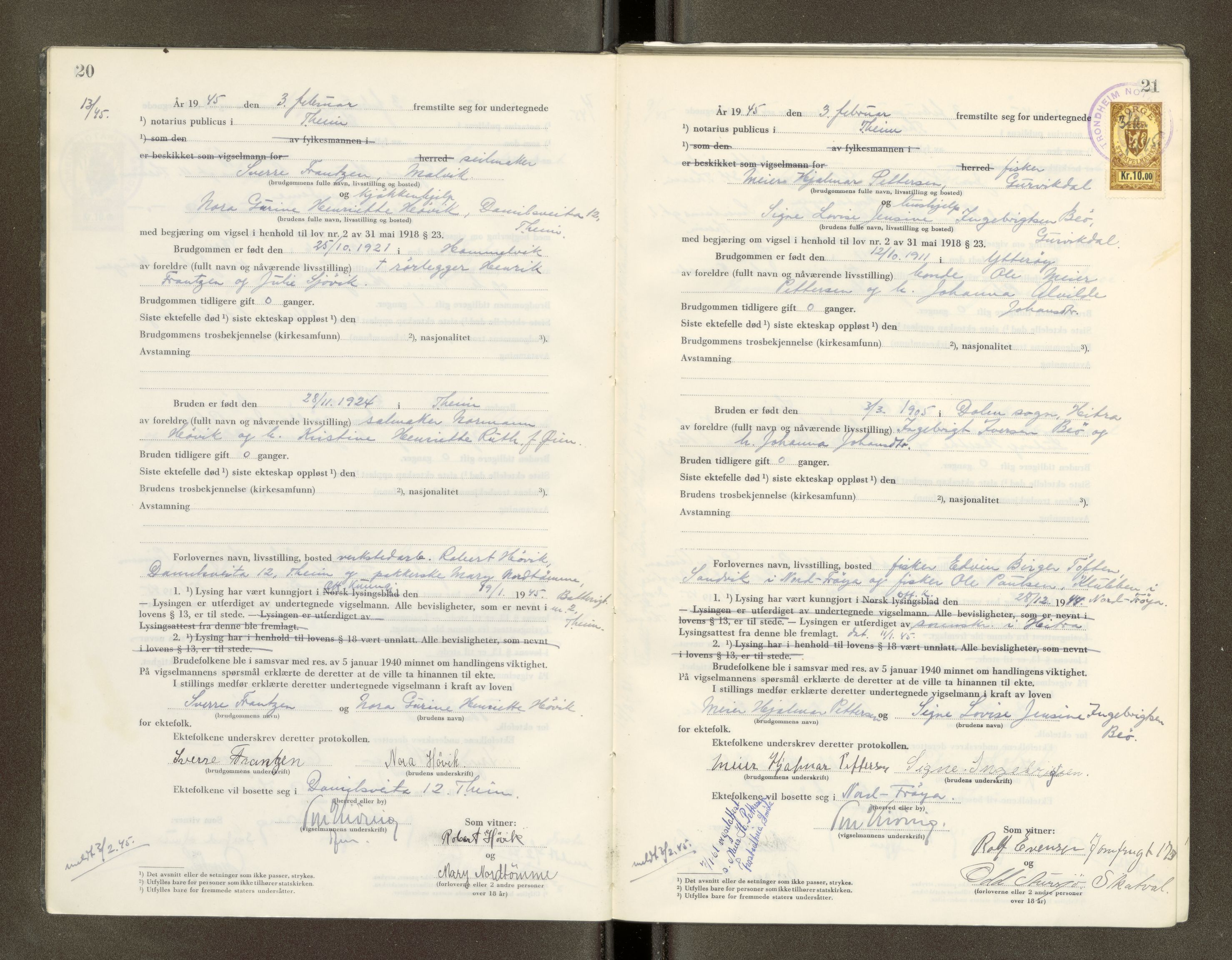 Trondheim byfogd, AV/SAT-A-0003/1/6/6D/L0005: Vigselbøker, 1944-1948, p. 20-21