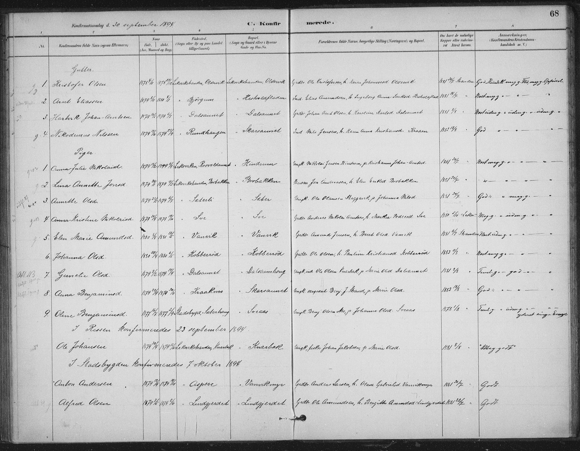 Ministerialprotokoller, klokkerbøker og fødselsregistre - Nord-Trøndelag, SAT/A-1458/702/L0023: Parish register (official) no. 702A01, 1883-1897, p. 68