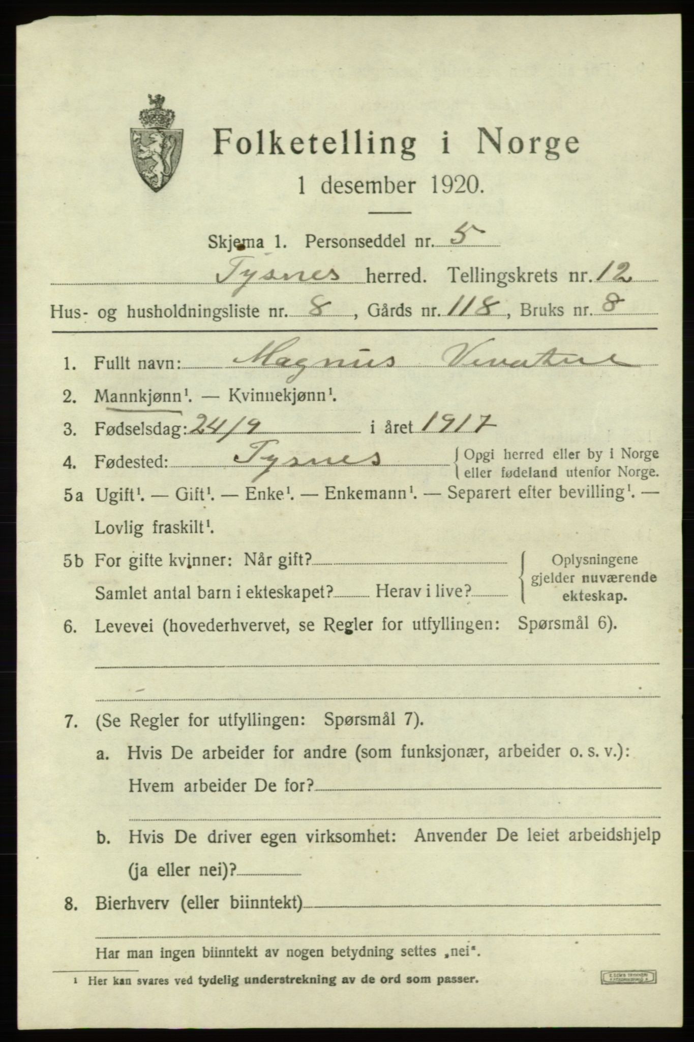 SAB, 1920 census for Tysnes, 1920, p. 8548