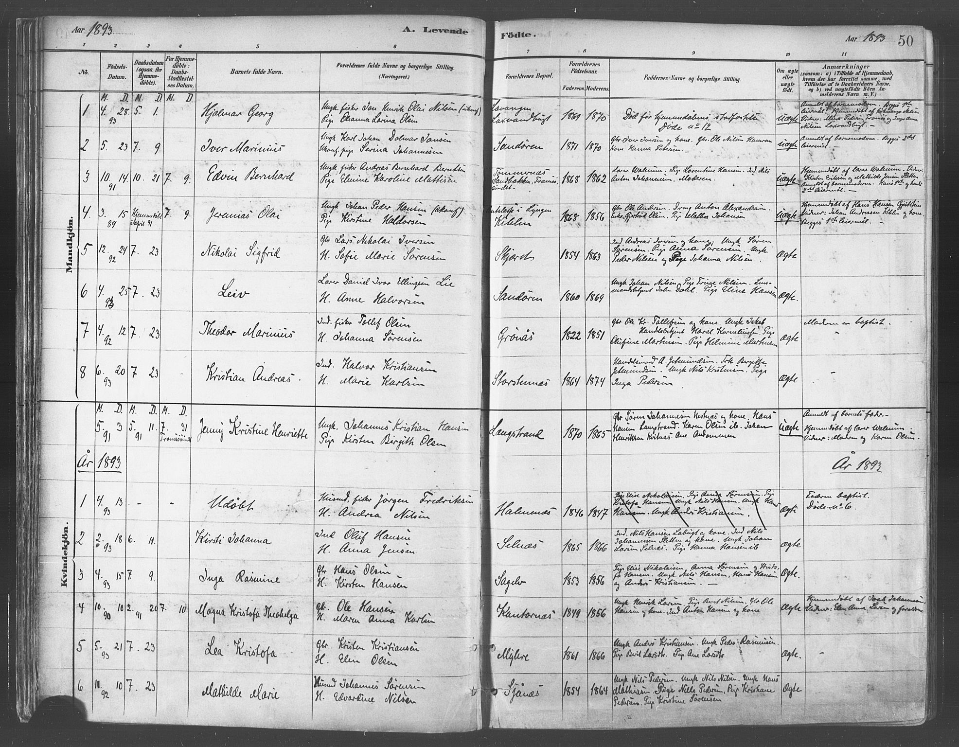 Balsfjord sokneprestembete, AV/SATØ-S-1303/G/Gaa/L0005kirke: Parish register (official) no. 5, 1884-1897, p. 50