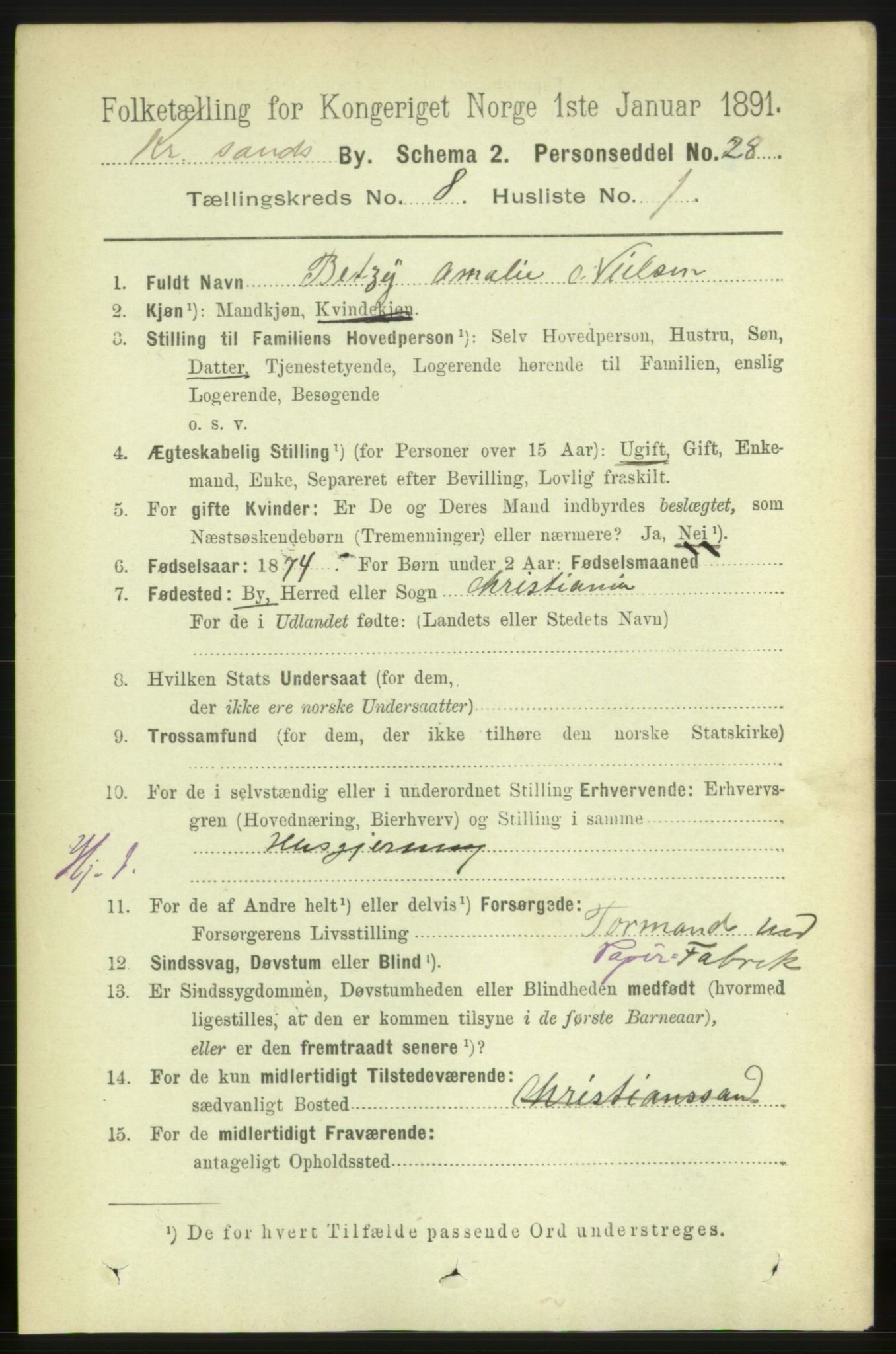 RA, 1891 census for 1001 Kristiansand, 1891, p. 4815