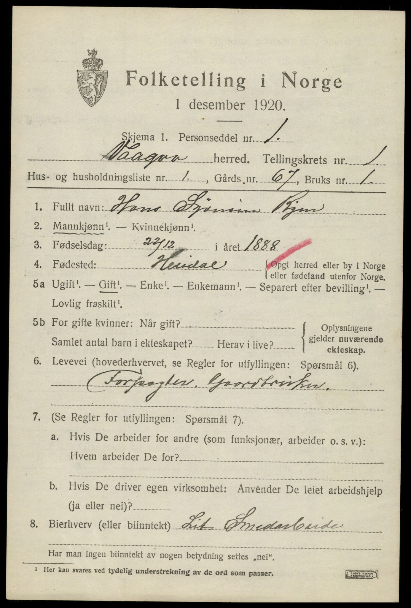 SAH, 1920 census for Vågå, 1920, p. 1278