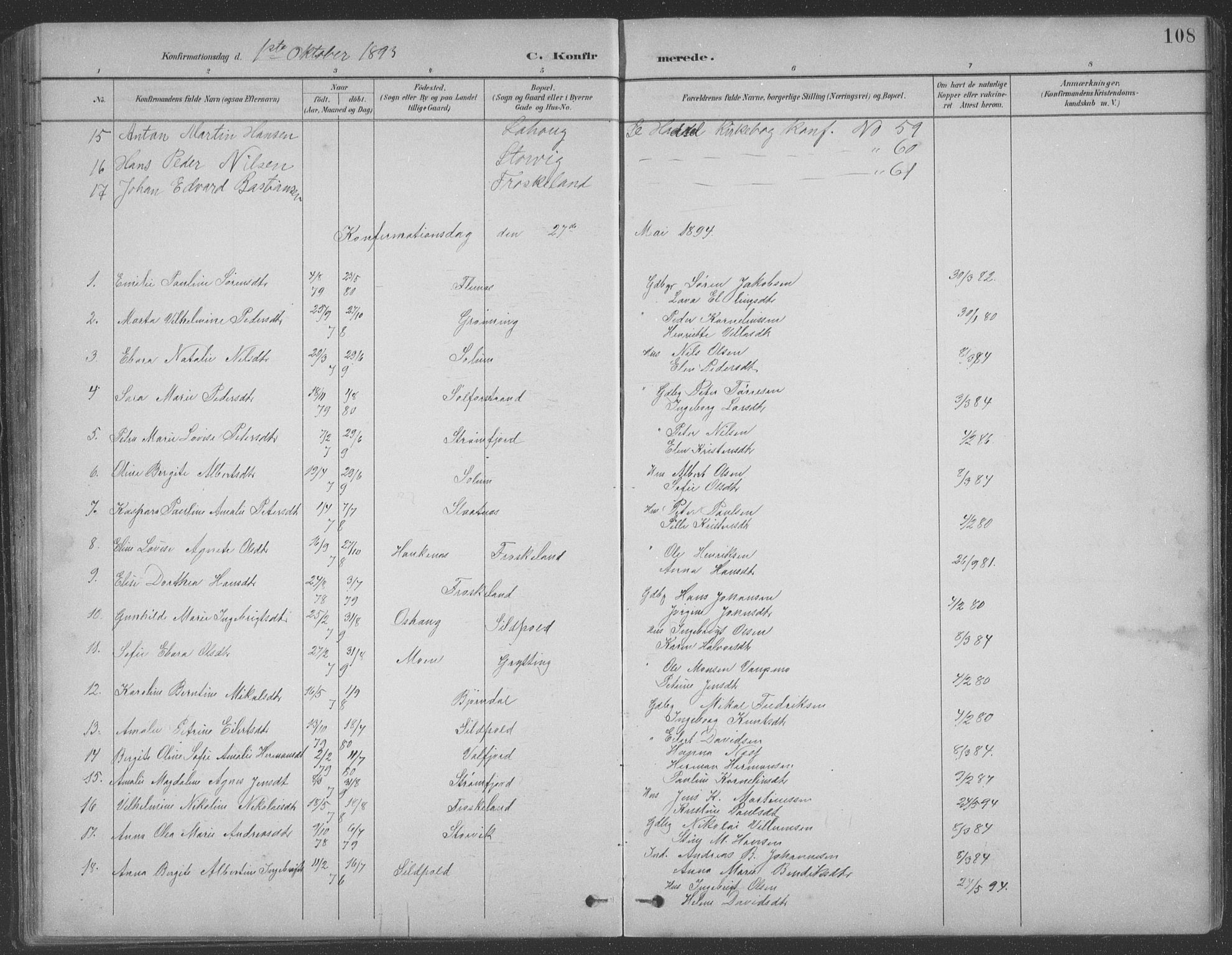 Ministerialprotokoller, klokkerbøker og fødselsregistre - Nordland, AV/SAT-A-1459/890/L1290: Parish register (copy) no. 890C01, 1882-1911, p. 108