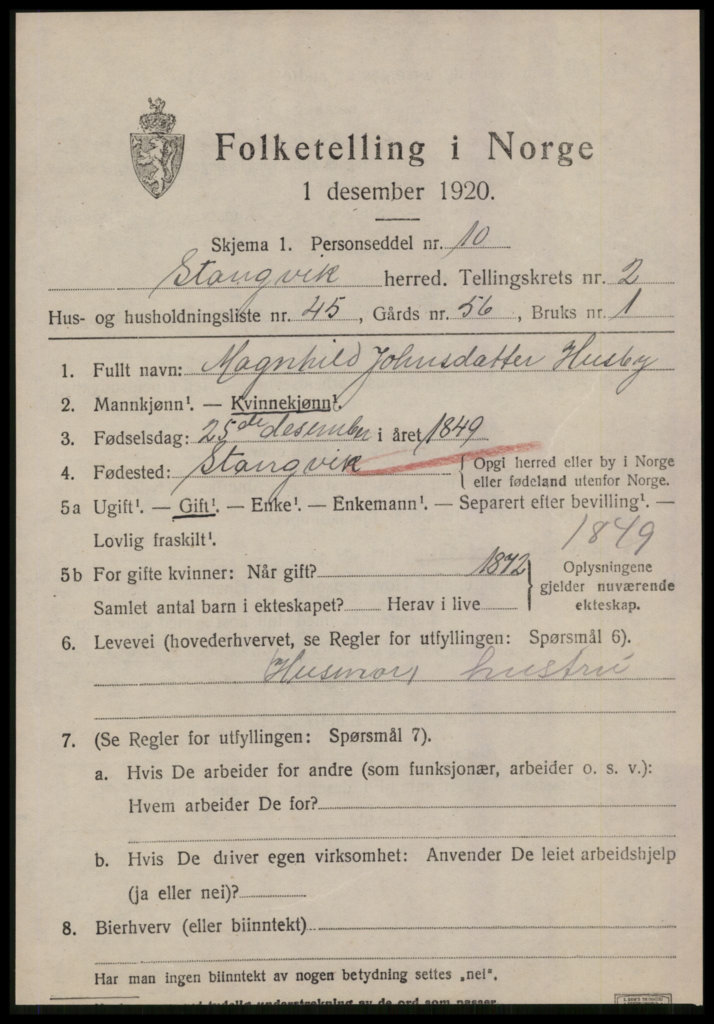 SAT, 1920 census for Stangvik, 1920, p. 1990