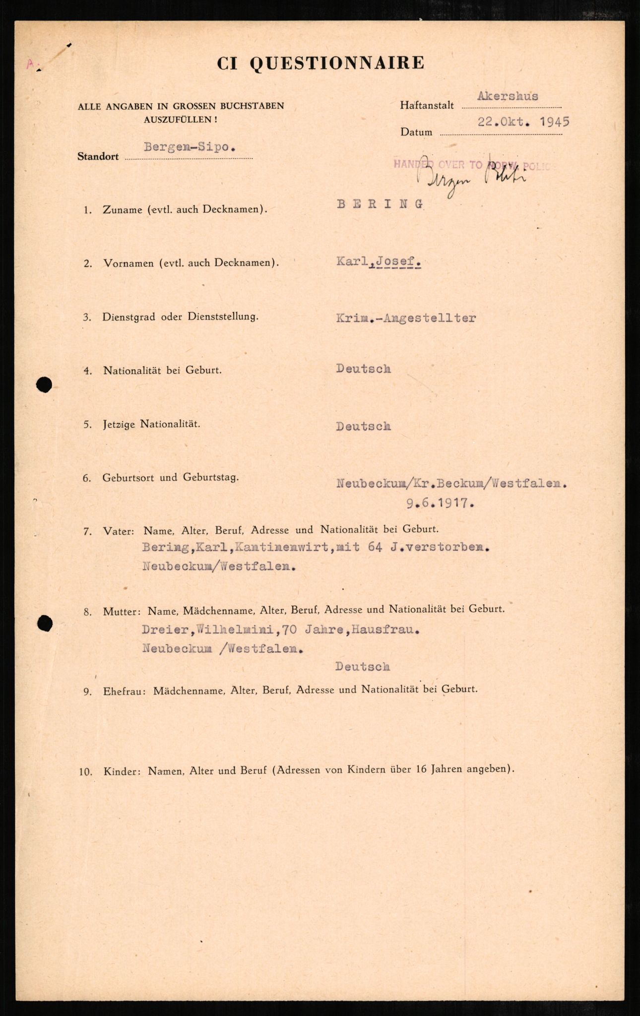 Forsvaret, Forsvarets overkommando II, AV/RA-RAFA-3915/D/Db/L0002: CI Questionaires. Tyske okkupasjonsstyrker i Norge. Tyskere., 1945-1946, p. 535