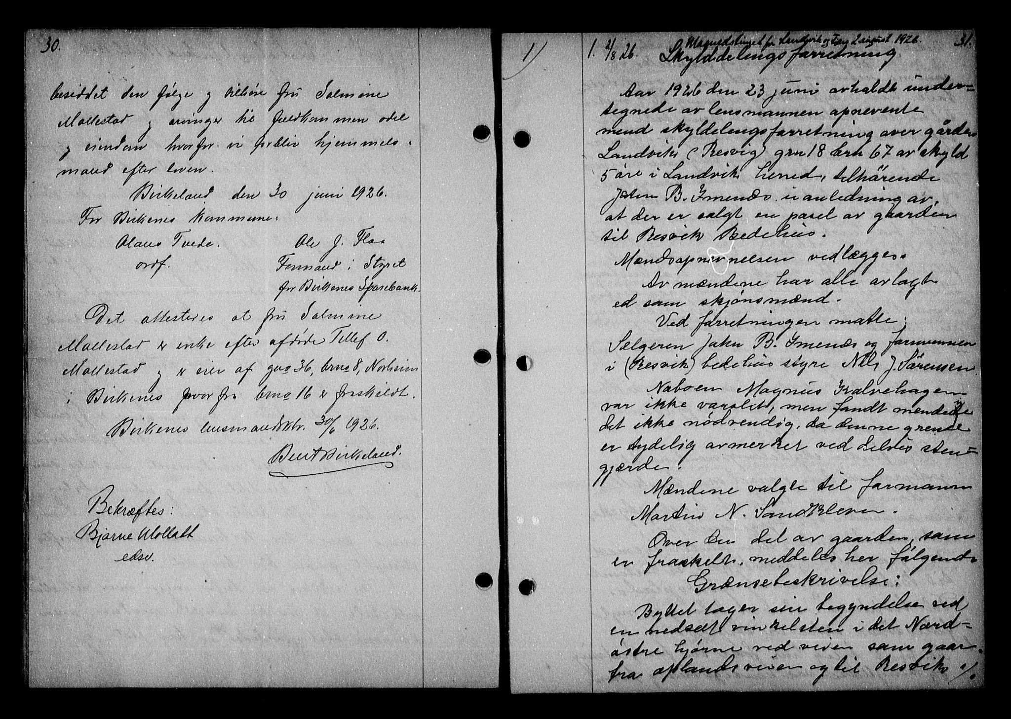 Vestre Nedenes/Sand sorenskriveri, AV/SAK-1221-0010/G/Gb/Gba/L0036: Mortgage book no. 62, 1926-1928, p. 30-31