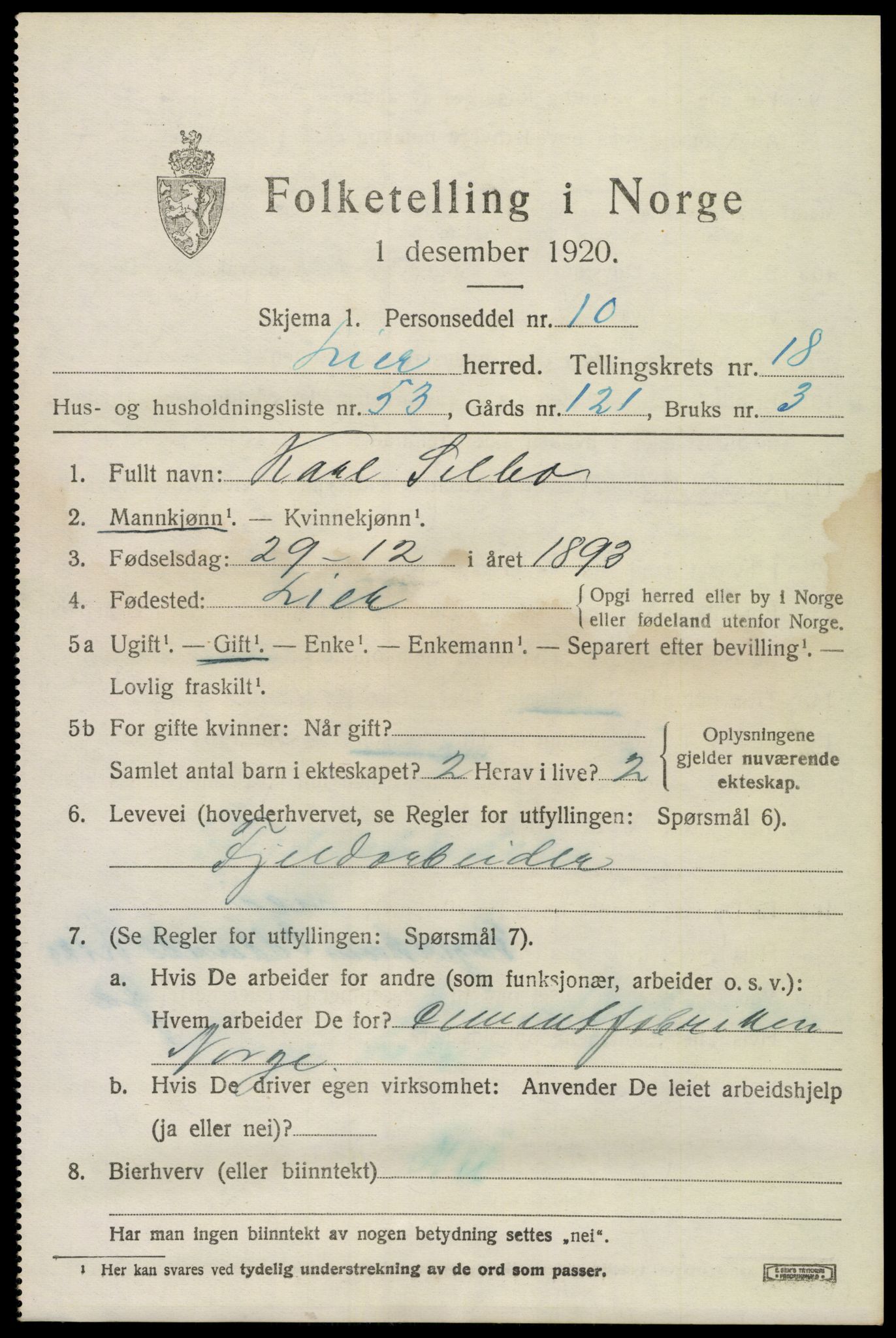 SAKO, 1920 census for Lier, 1920, p. 26116