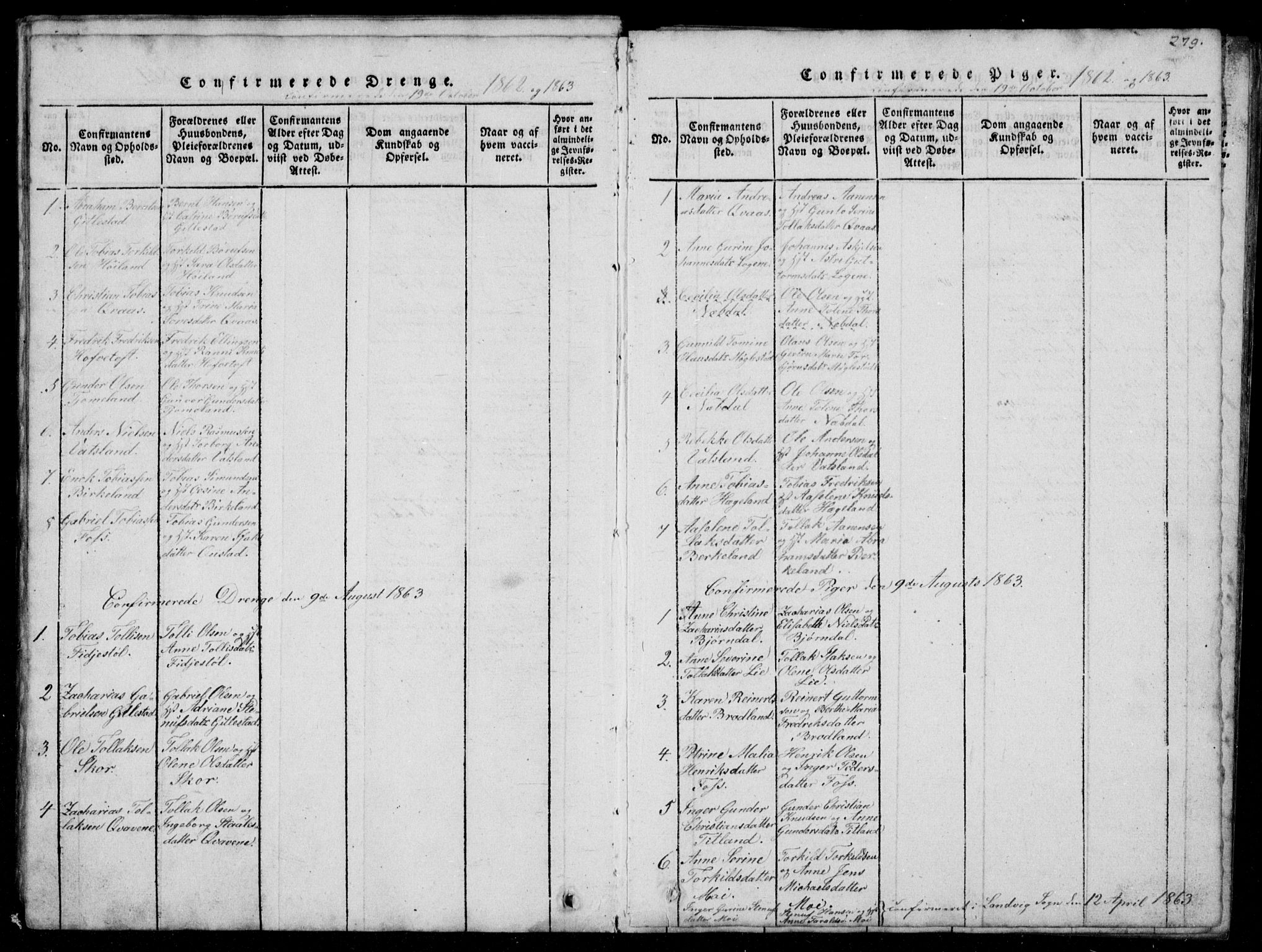Lyngdal sokneprestkontor, SAK/1111-0029/F/Fb/Fbb/L0001: Parish register (copy) no. B 1, 1816-1900, p. 279