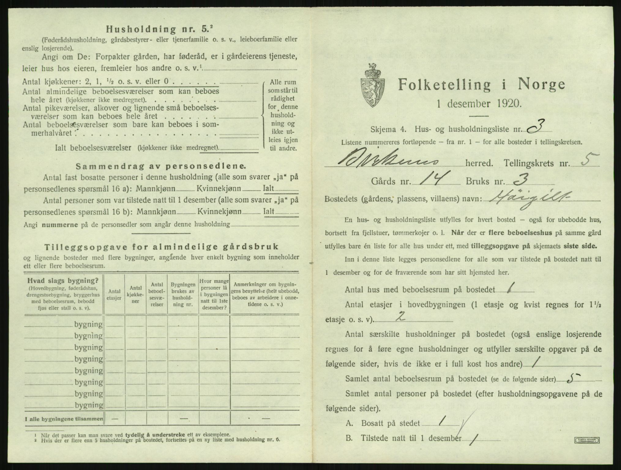 SAK, 1920 census for Birkenes, 1920, p. 449