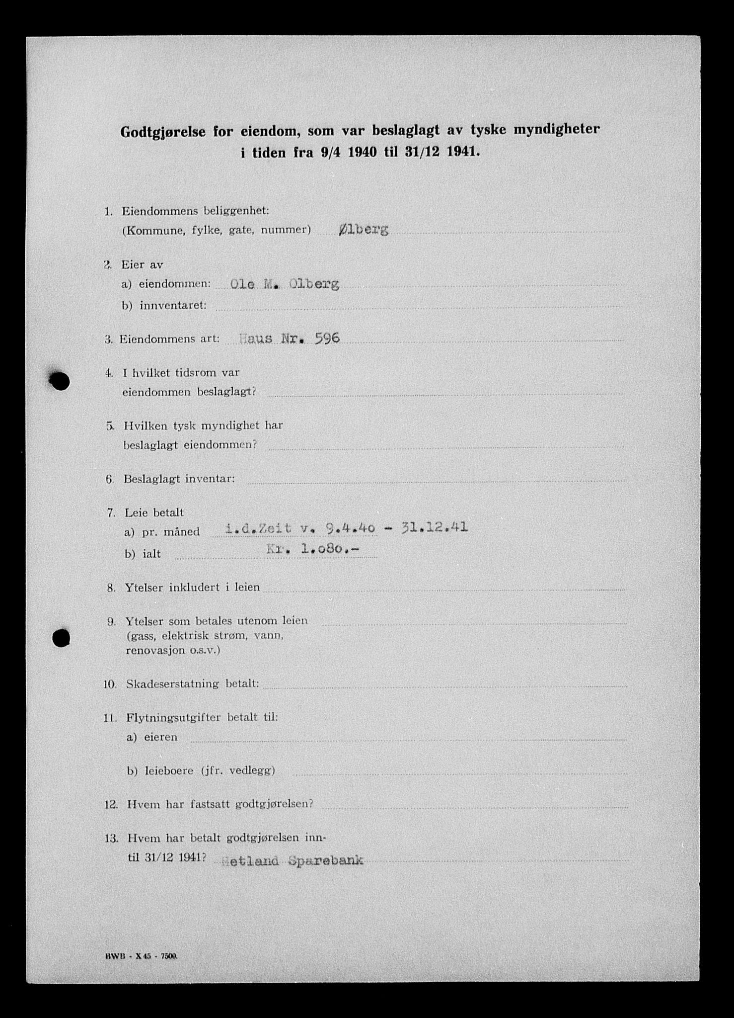 Justisdepartementet, Tilbakeføringskontoret for inndratte formuer, AV/RA-S-1564/I/L1015: Godtgjørelse for beslaglagt eiendom, 1940-1941, p. 33