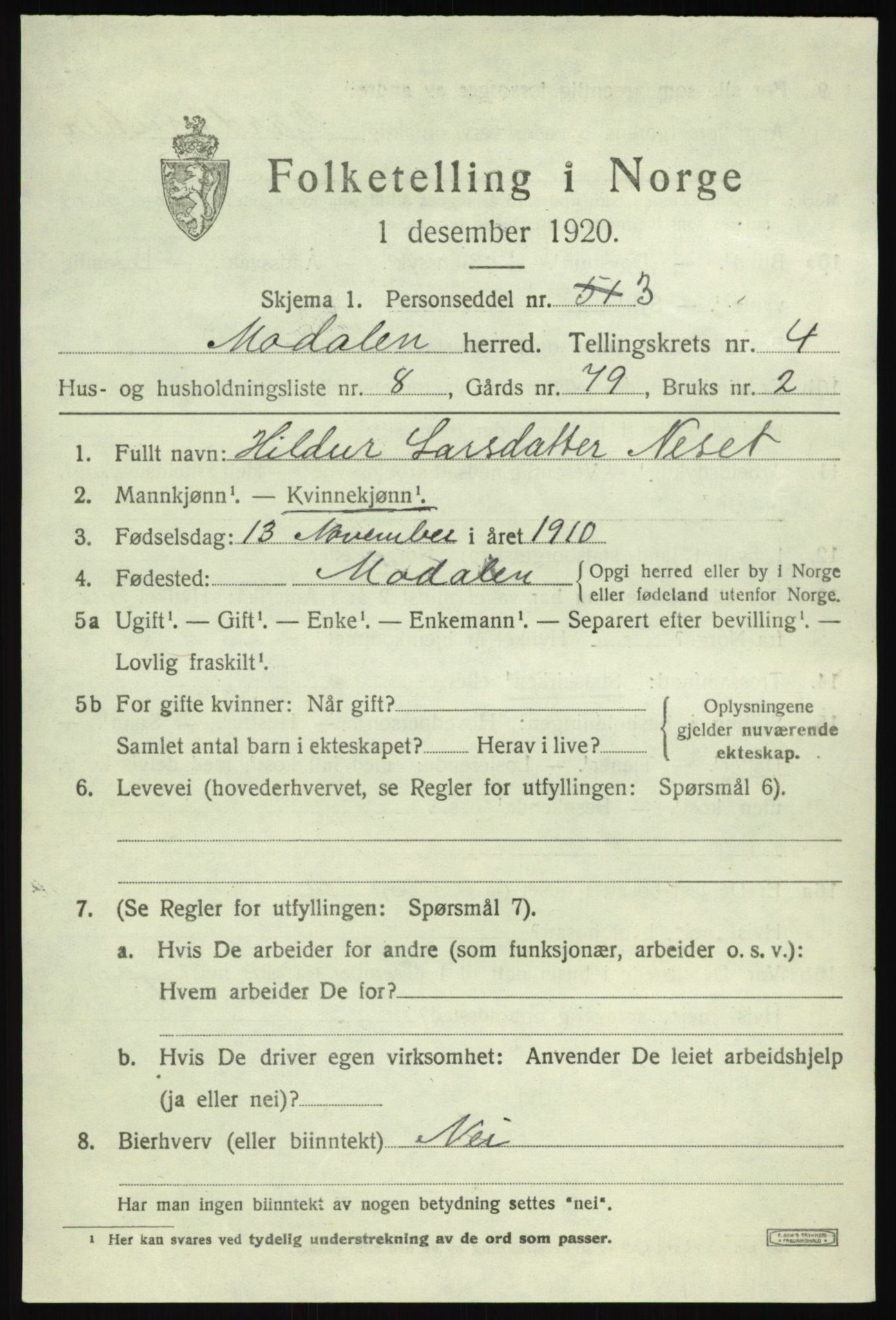 SAB, 1920 census for Modalen, 1920, p. 908