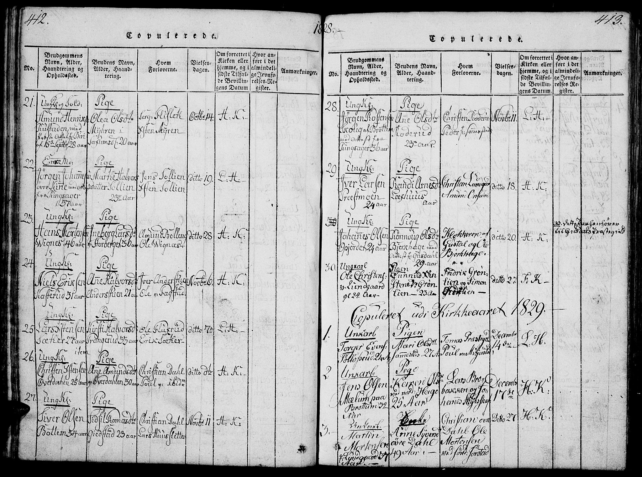 Fåberg prestekontor, SAH/PREST-086/H/Ha/Hab/L0004: Parish register (copy) no. 4, 1818-1837, p. 412-413