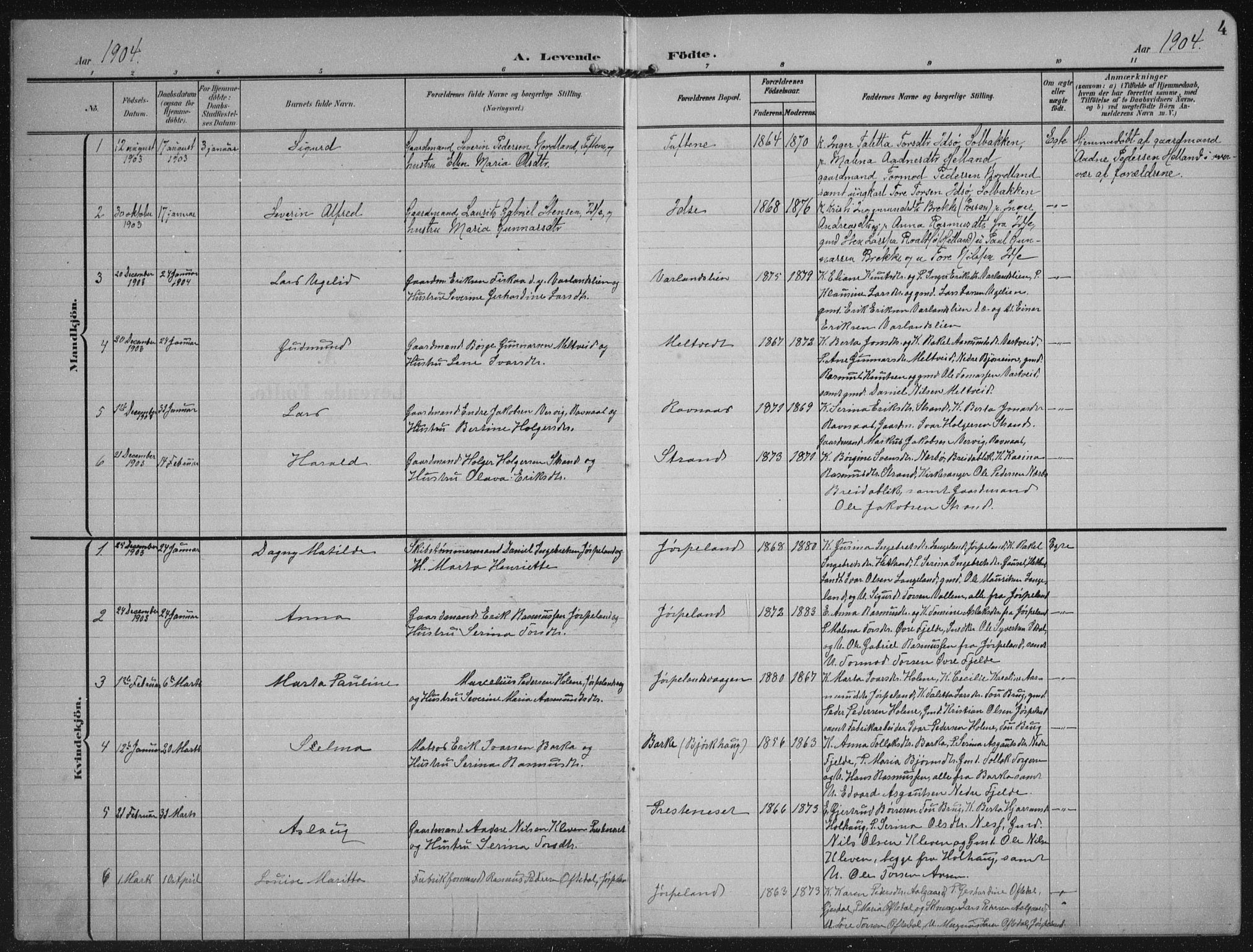 Strand sokneprestkontor, SAST/A-101828/H/Ha/Hab/L0005: Parish register (copy) no. B 5, 1904-1934, p. 4