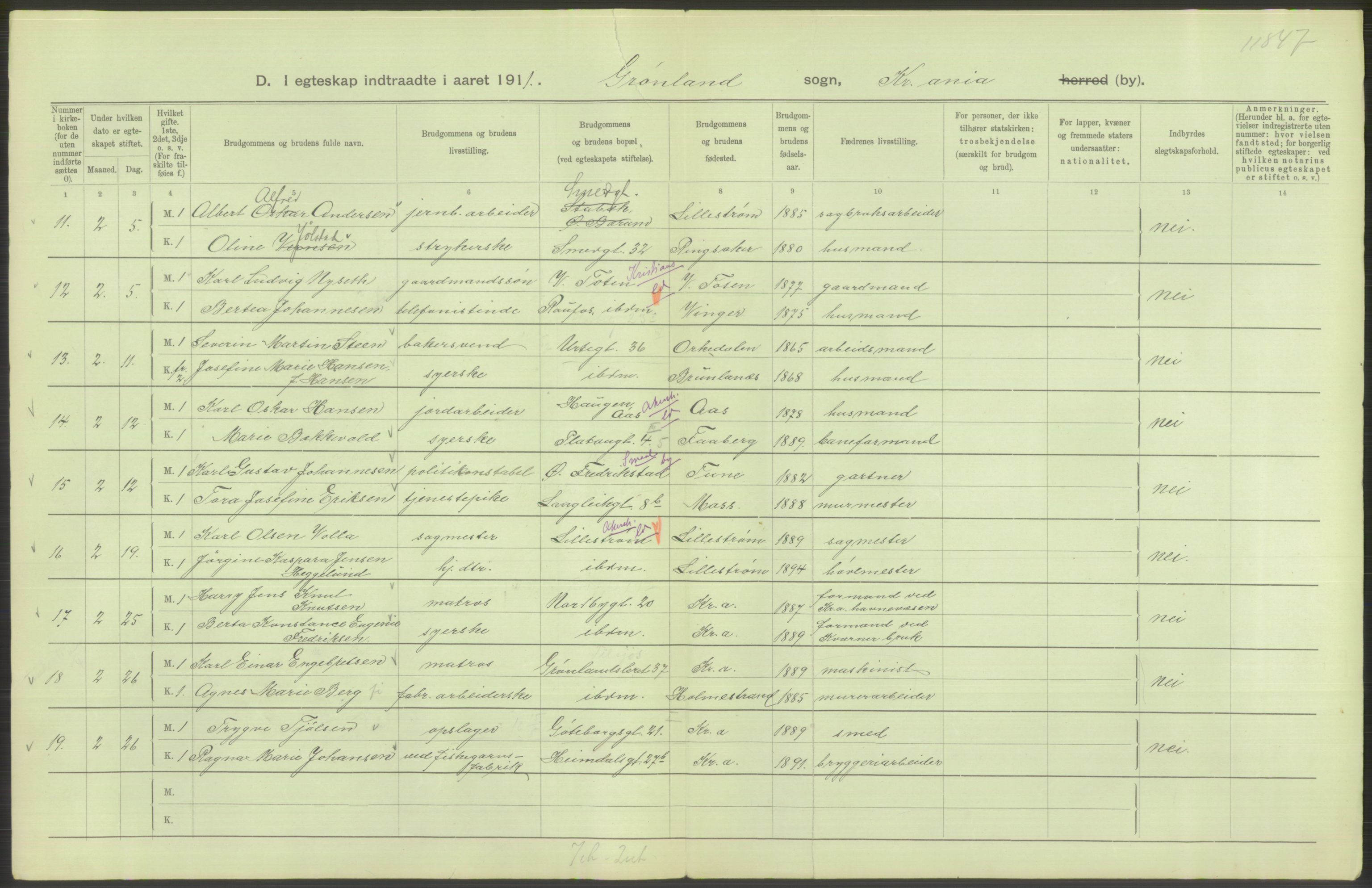 Statistisk sentralbyrå, Sosiodemografiske emner, Befolkning, RA/S-2228/D/Df/Dfb/Dfba/L0008: Kristiania: Gifte, 1911, p. 256