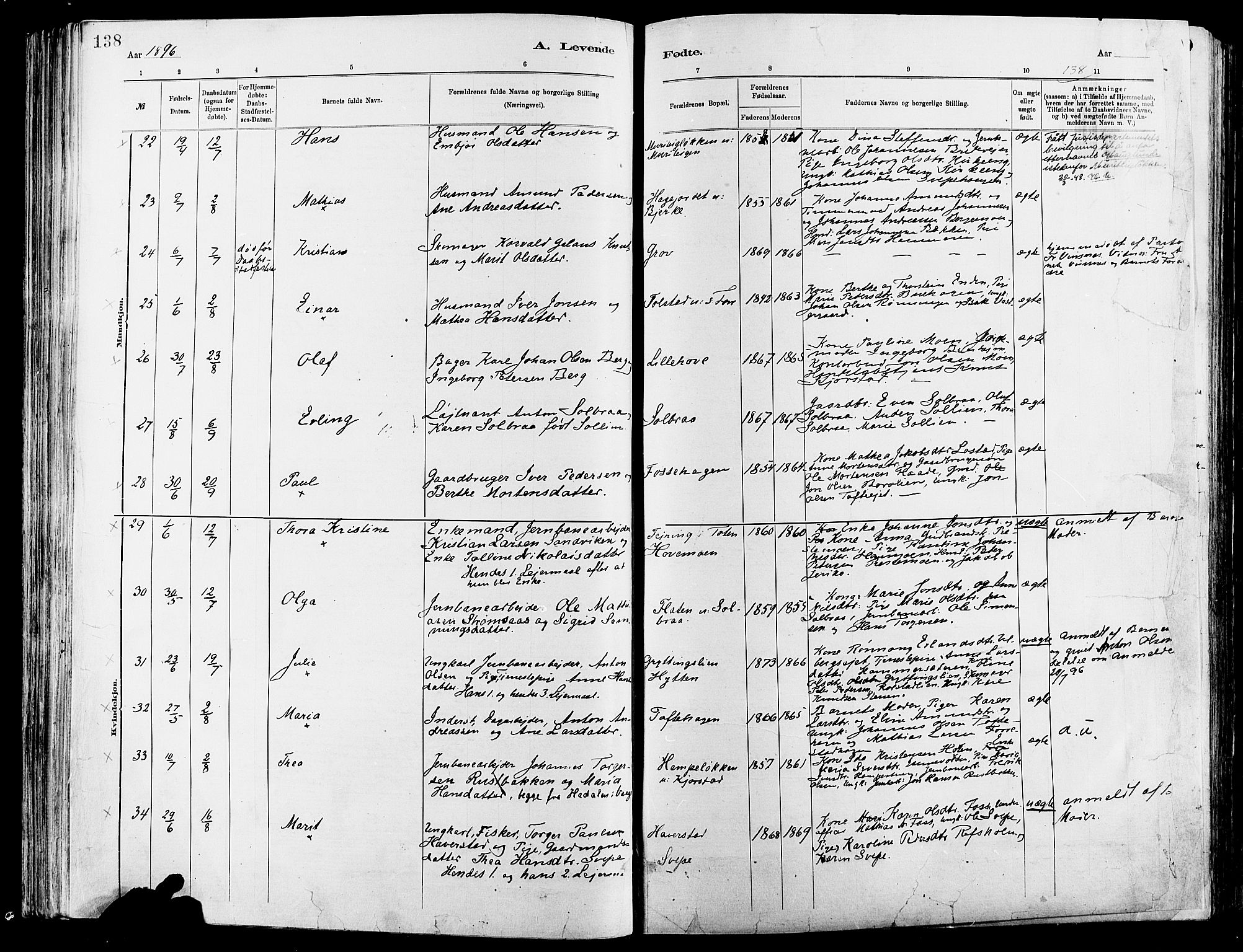 Sør-Fron prestekontor, AV/SAH-PREST-010/H/Ha/Haa/L0003: Parish register (official) no. 3, 1881-1897, p. 138