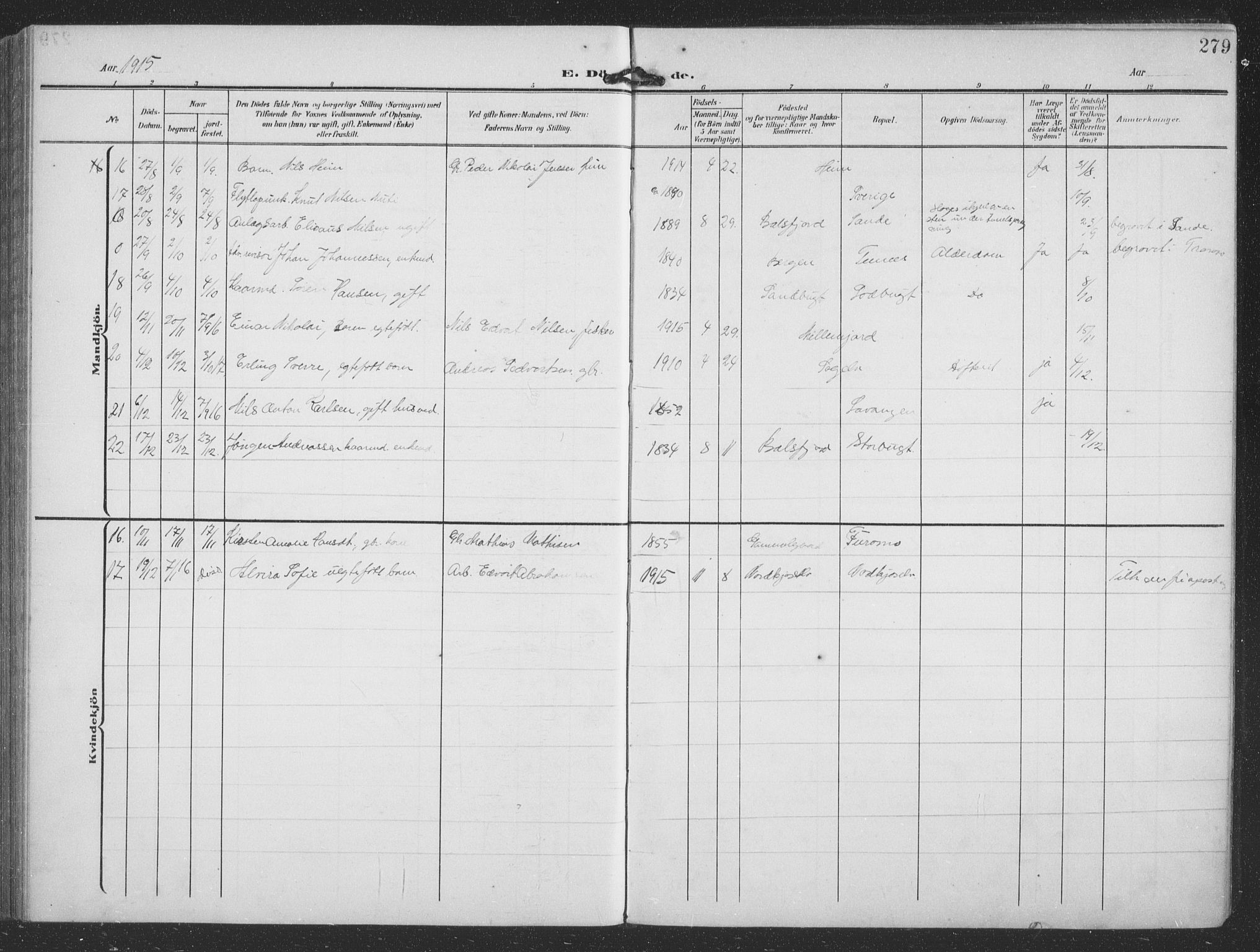 Balsfjord sokneprestembete, AV/SATØ-S-1303/G/Ga/L0009klokker: Parish register (copy) no. 9, 1906-1920, p. 279