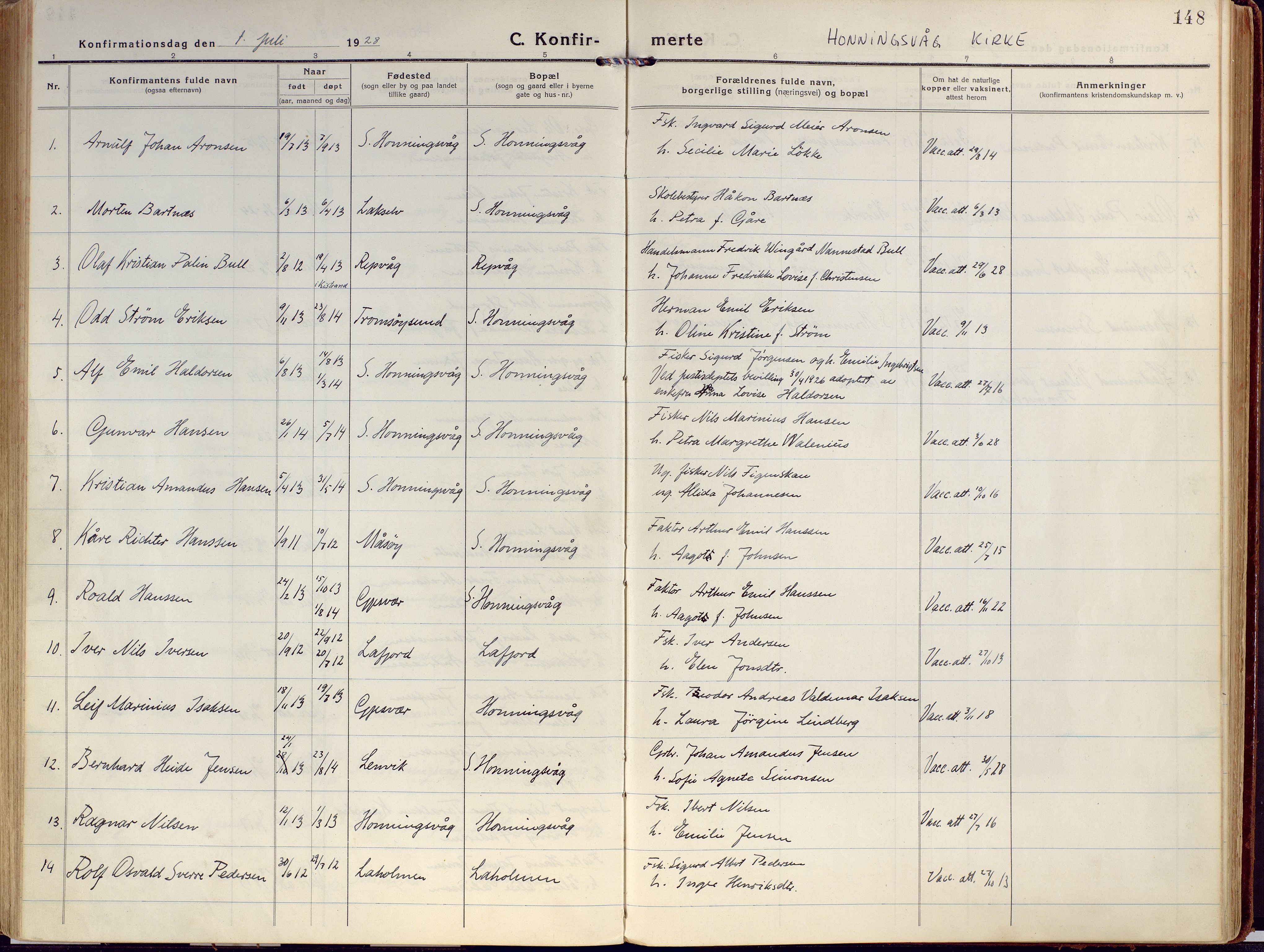 Kjelvik/Nordkapp sokneprestkontor, AV/SATØ-S-1350/H/Ha/L0002kirke: Parish register (official) no. 2, 1920-1929, p. 148