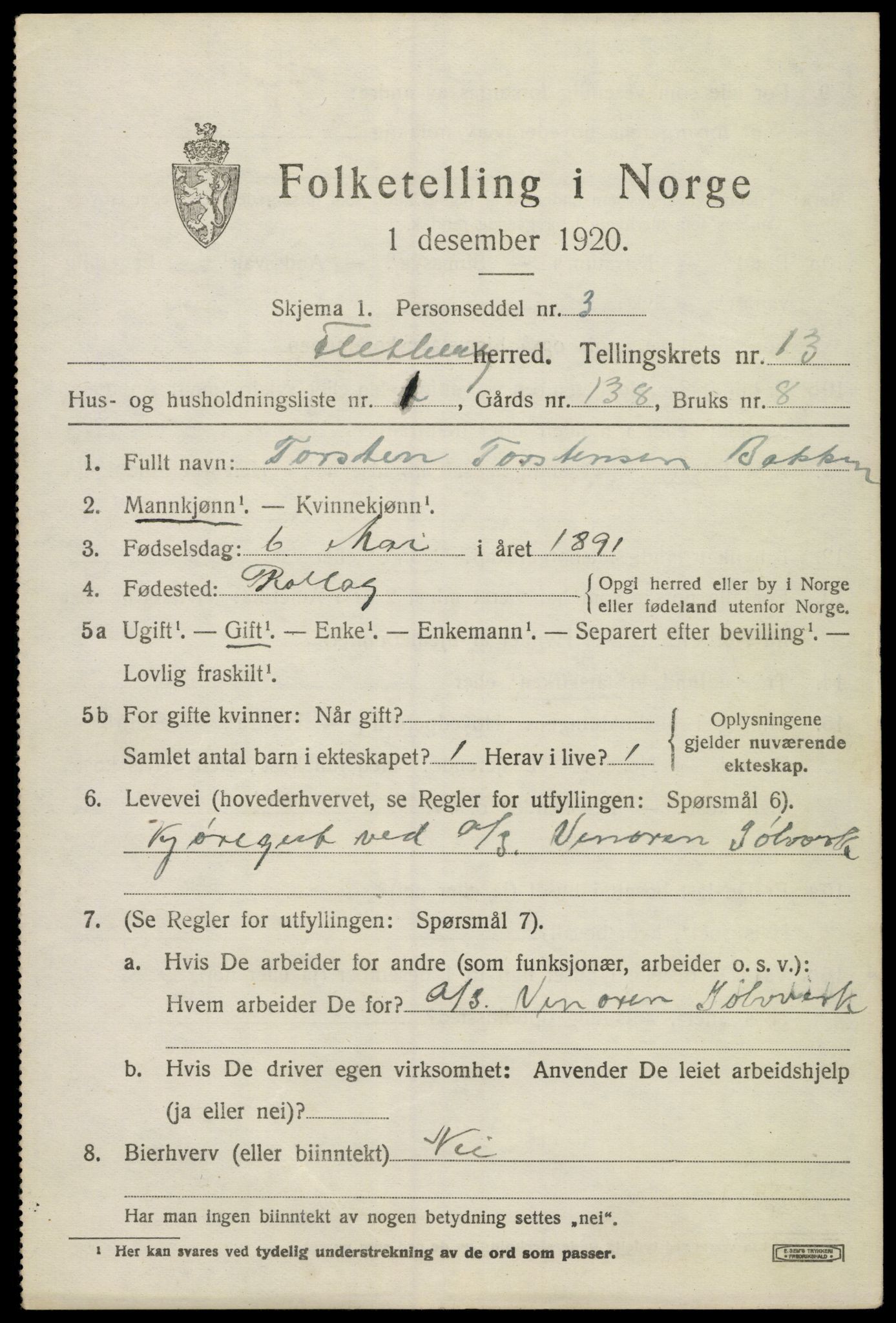 SAKO, 1920 census for Flesberg, 1920, p. 3985