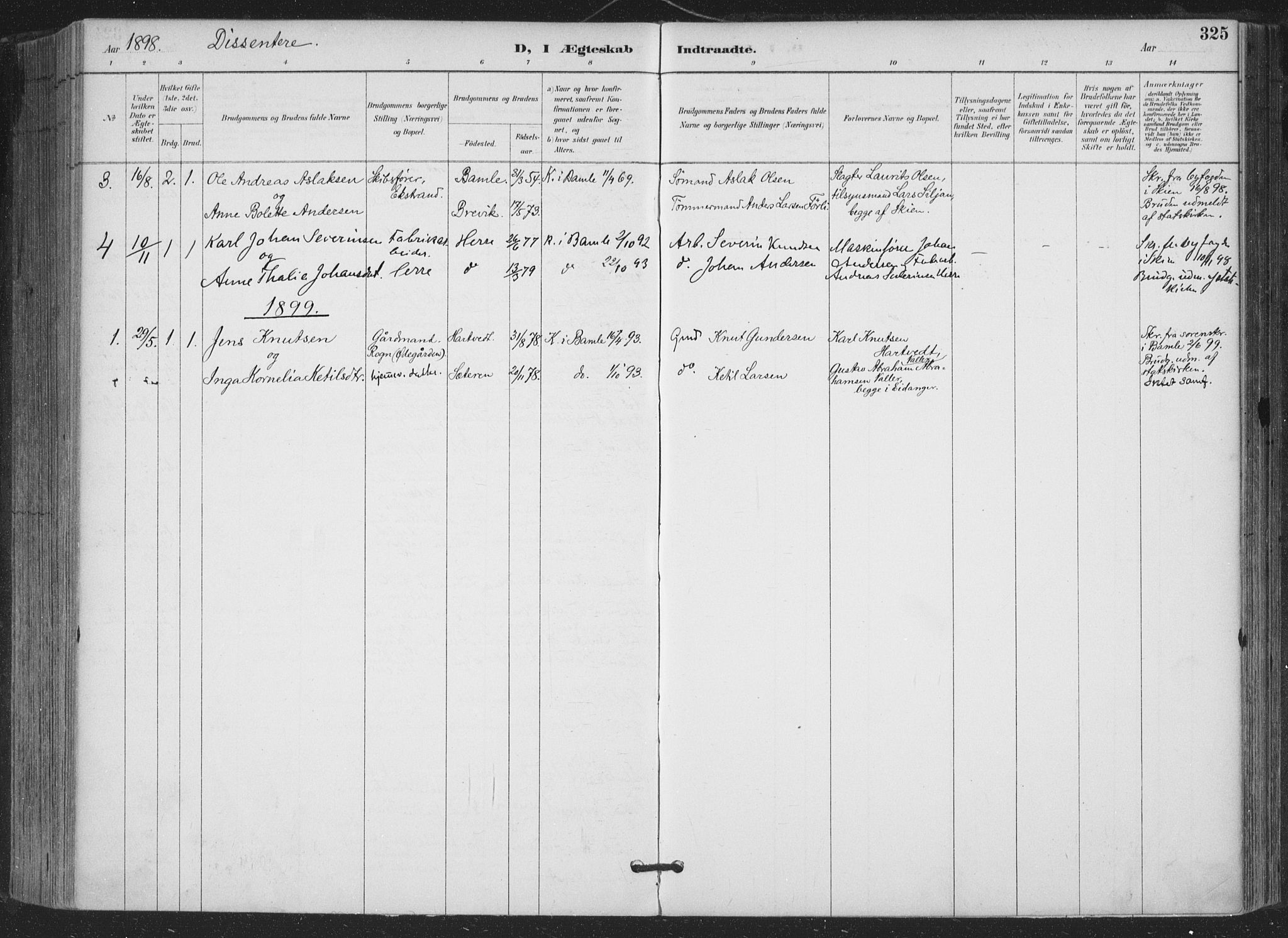 Bamble kirkebøker, AV/SAKO-A-253/F/Fa/L0008: Parish register (official) no. I 8, 1888-1900, p. 325