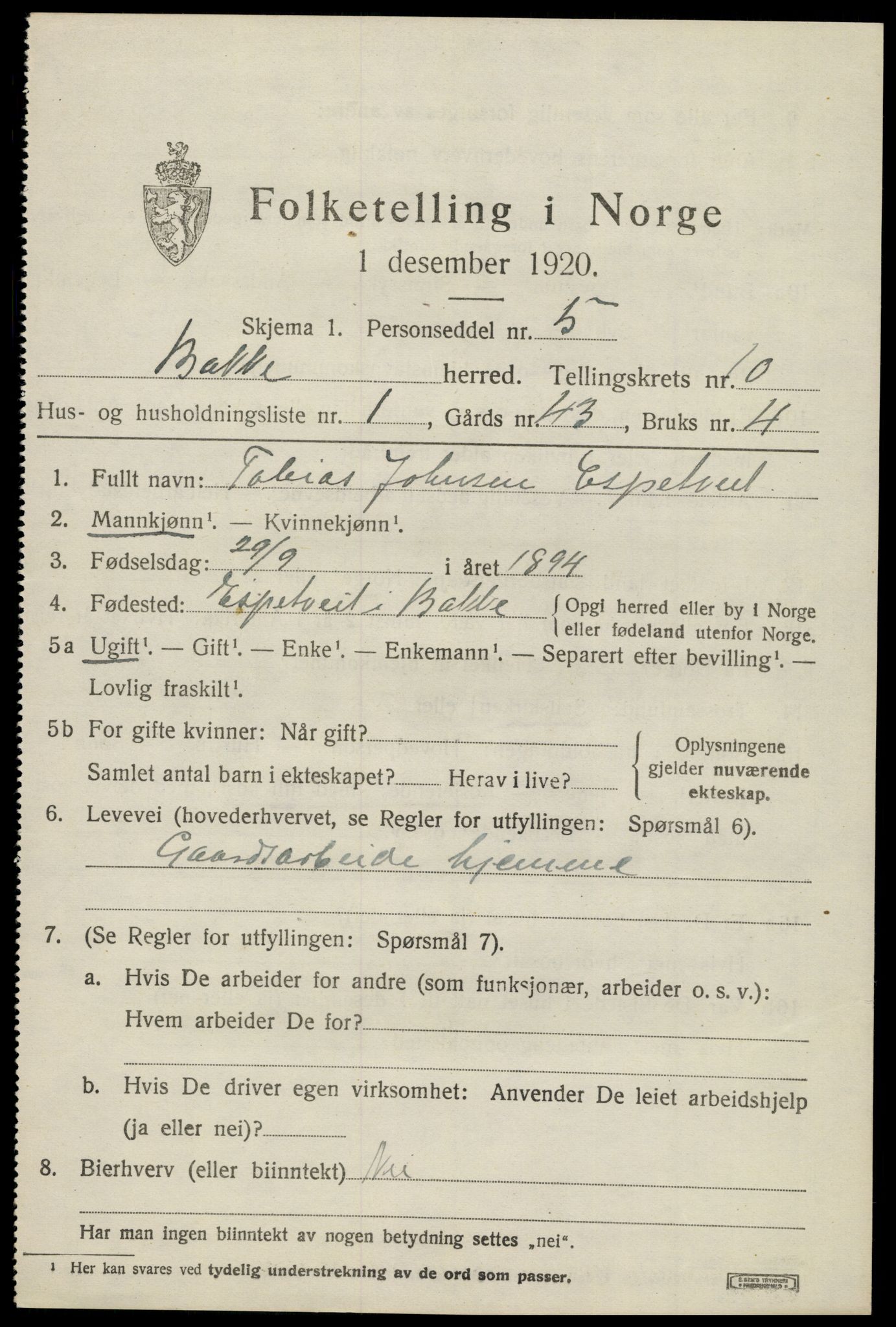 SAK, 1920 census for Bakke, 1920, p. 2574