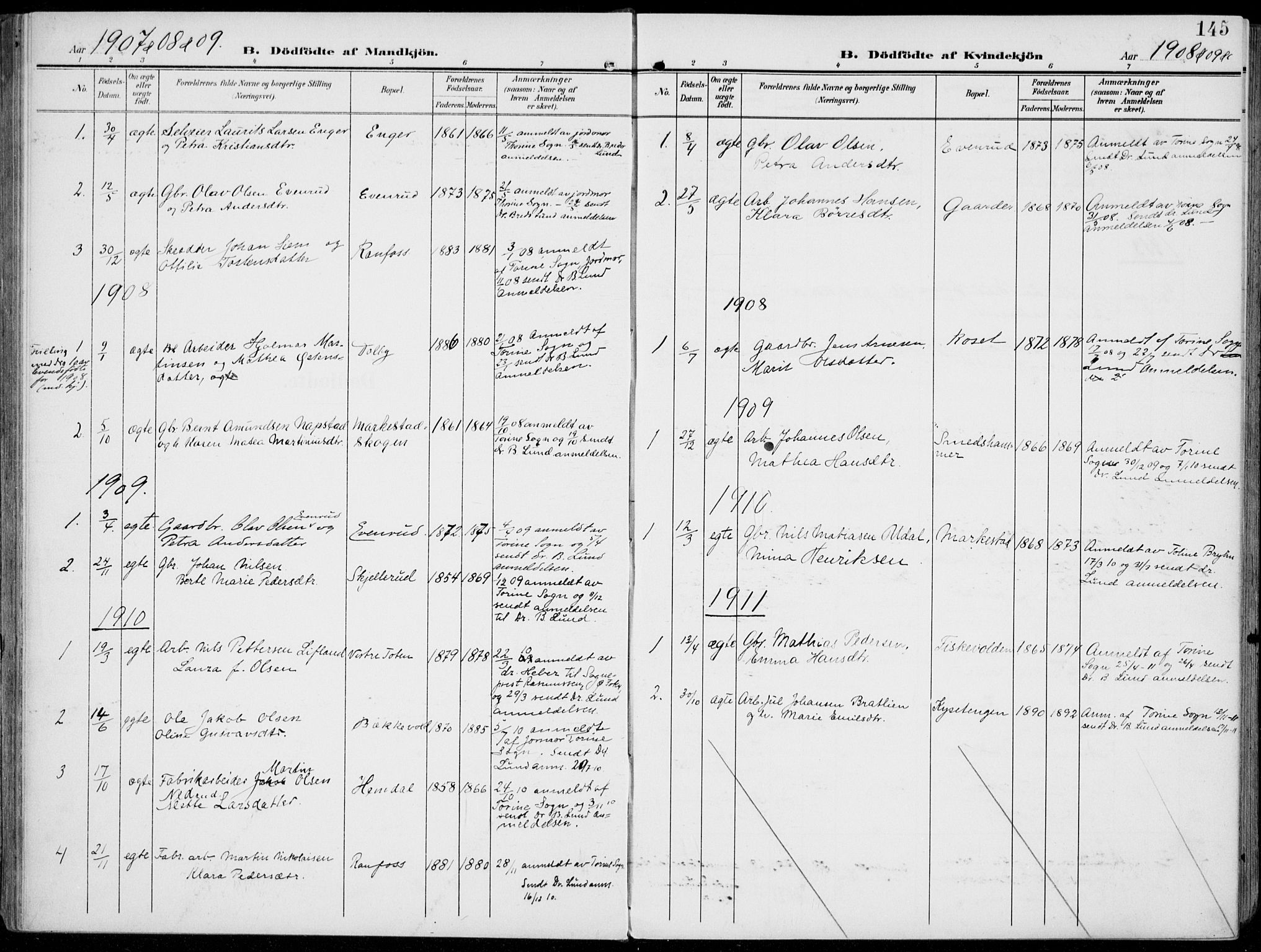 Vestre Toten prestekontor, SAH/PREST-108/H/Ha/Haa/L0014: Parish register (official) no. 14, 1907-1920, p. 145