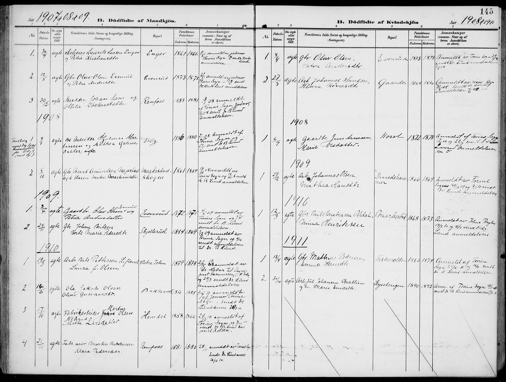 Vestre Toten prestekontor, AV/SAH-PREST-108/H/Ha/Haa/L0014: Parish register (official) no. 14, 1907-1920, p. 145