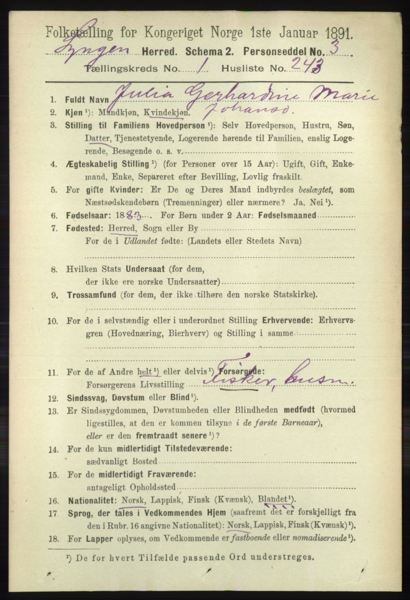 RA, 1891 census for 1938 Lyngen, 1891, p. 1895
