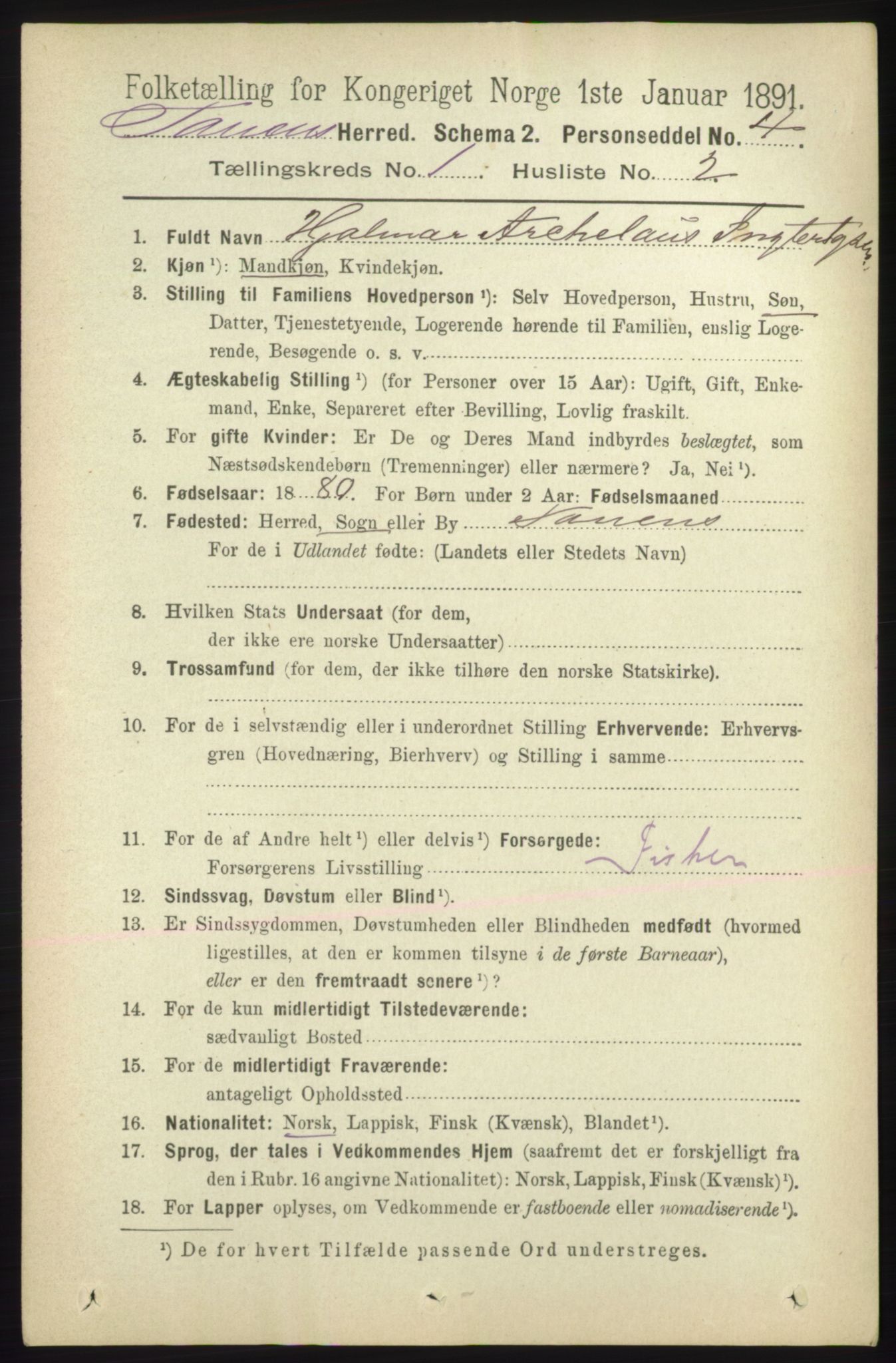 RA, 1891 census for 2025 Tana, 1891, p. 123