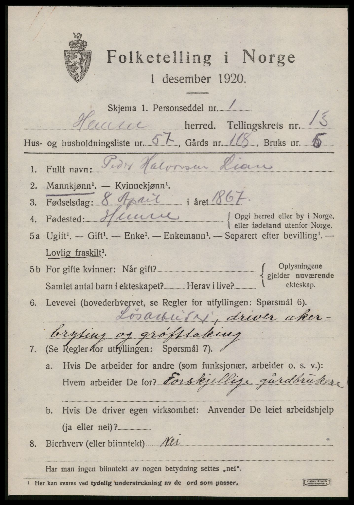 SAT, 1920 census for Hemne, 1920, p. 7928