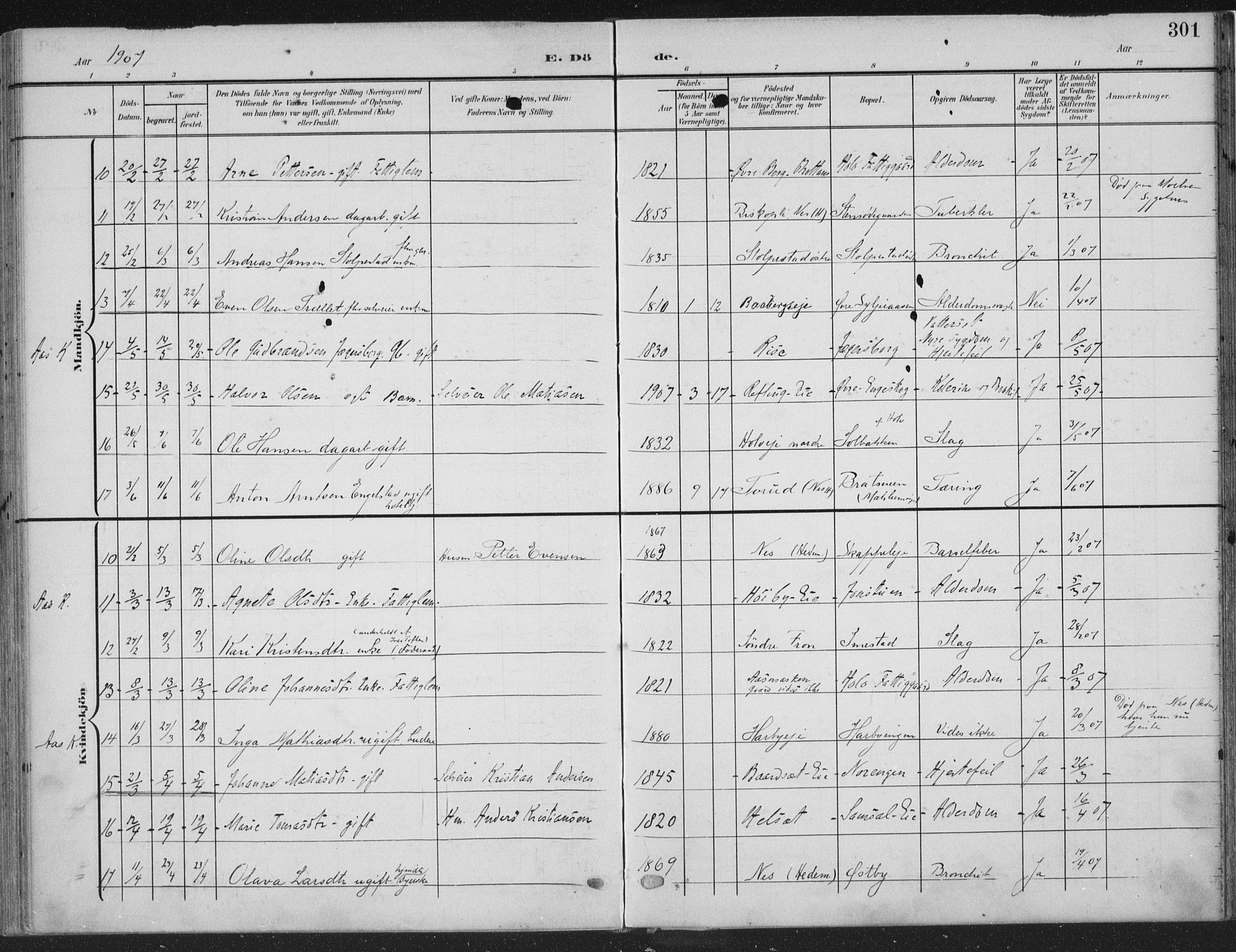 Ringsaker prestekontor, AV/SAH-PREST-014/K/Ka/L0018: Parish register (official) no. 18, 1903-1912, p. 301