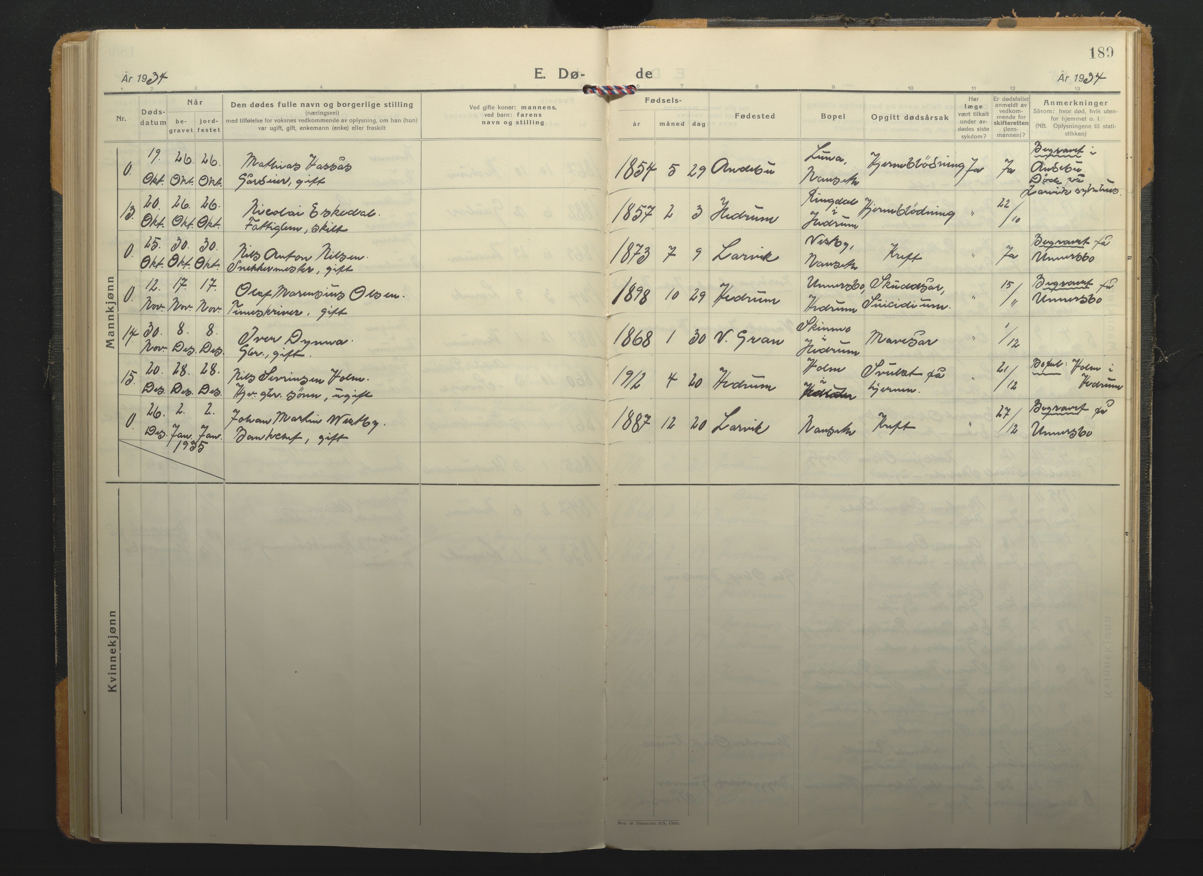 Hedrum kirkebøker, SAKO/A-344/F/Fa/L0012: Parish register (official) no. I 12, 1934-1941, p. 189