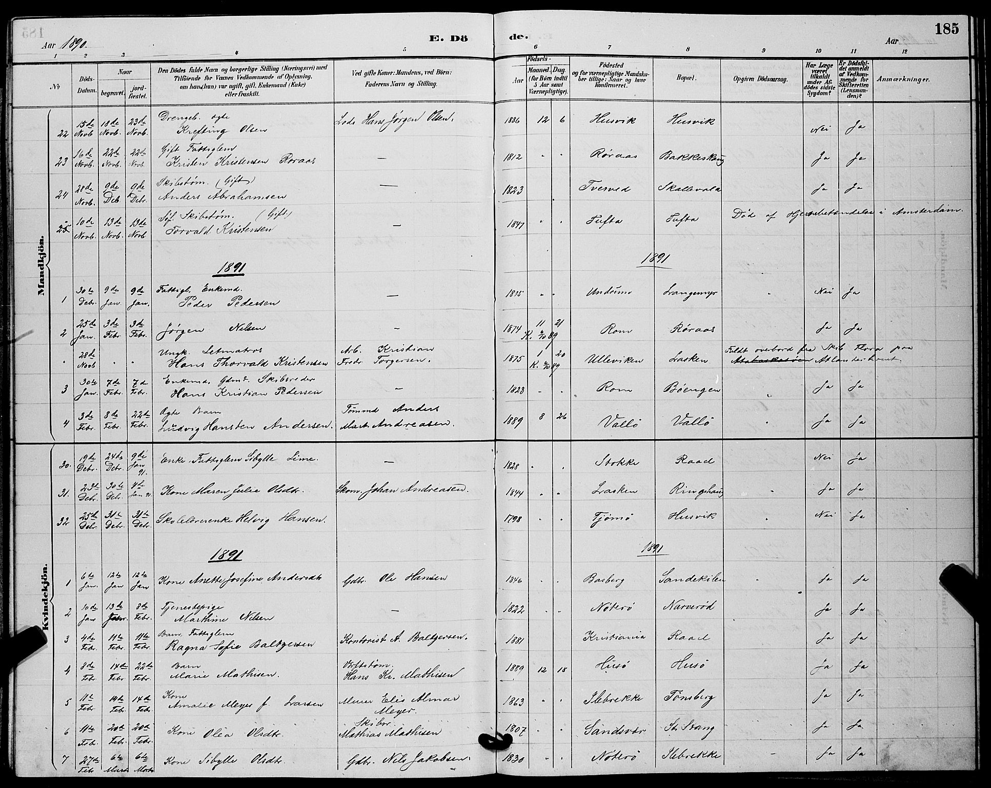 Sem kirkebøker, SAKO/A-5/G/Gb/L0002: Parish register (copy) no. II 2, 1886-1899, p. 185
