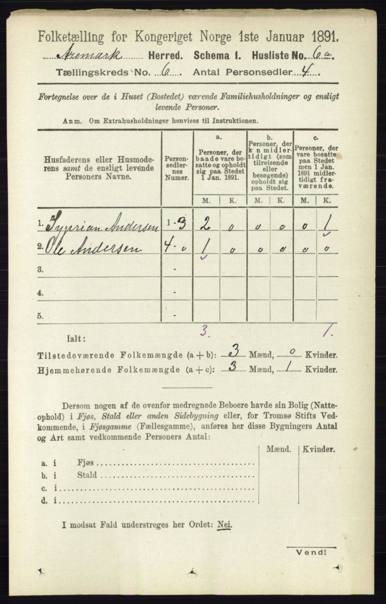 RA, 1891 census for 0118 Aremark, 1891, p. 3002