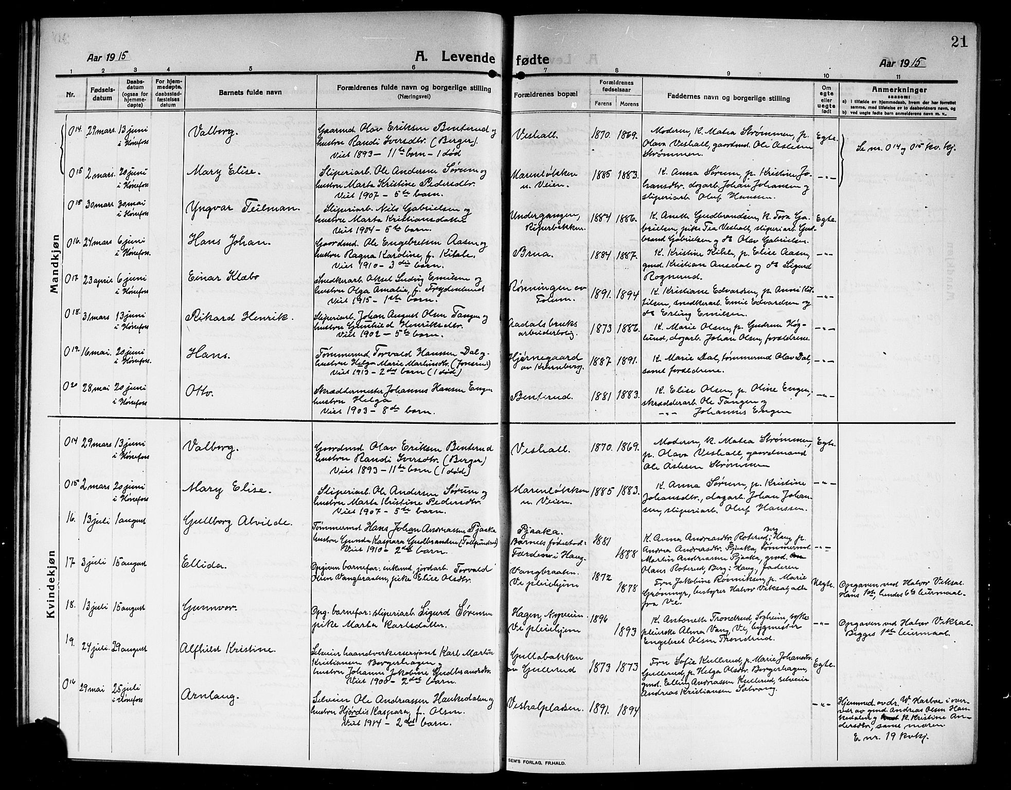 Norderhov kirkebøker, SAKO/A-237/G/Ga/L0009: Parish register (copy) no. I 9, 1913-1920, p. 21
