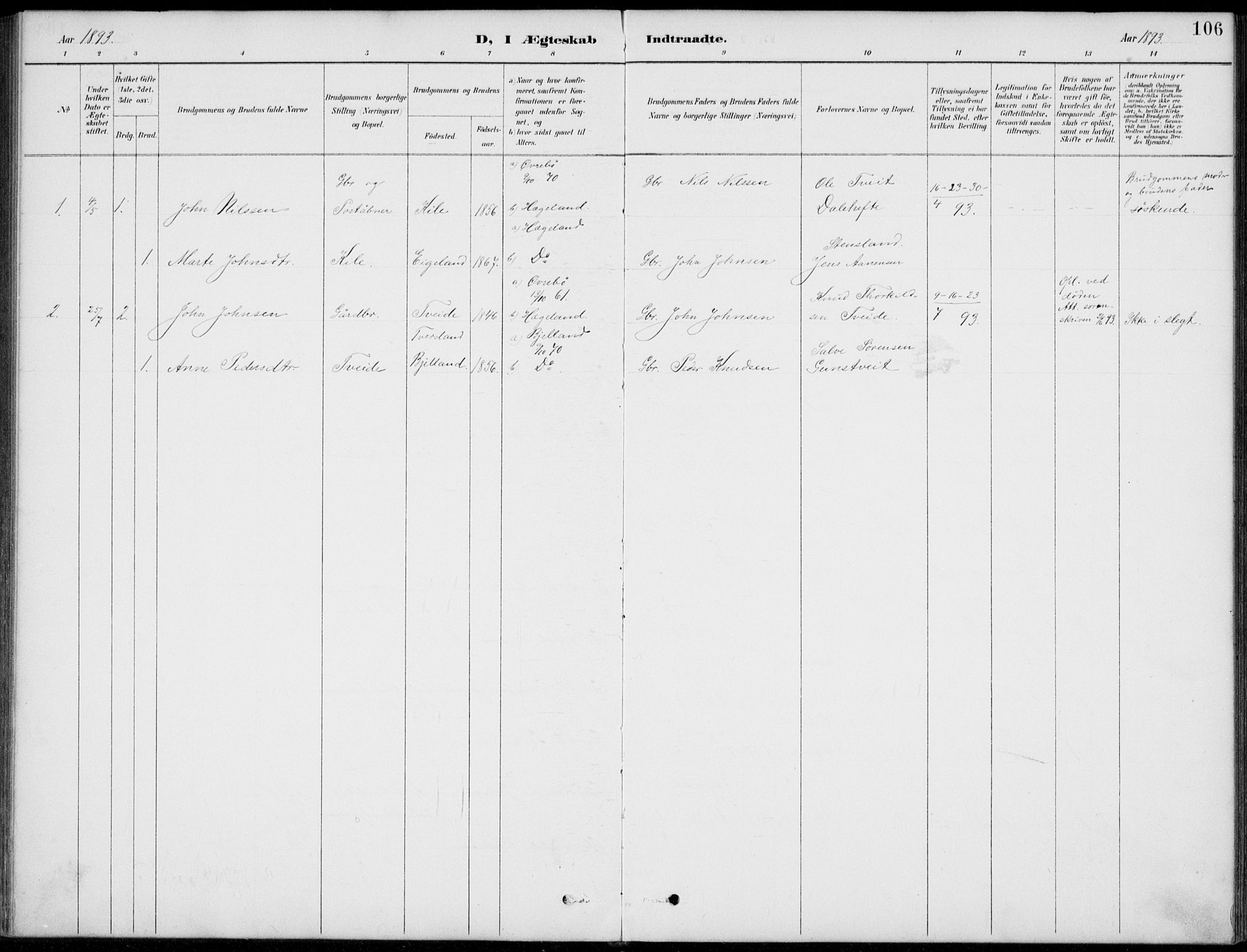 Vennesla sokneprestkontor, SAK/1111-0045/Fb/Fba/L0003: Parish register (copy) no. B 3, 1890-1919, p. 106